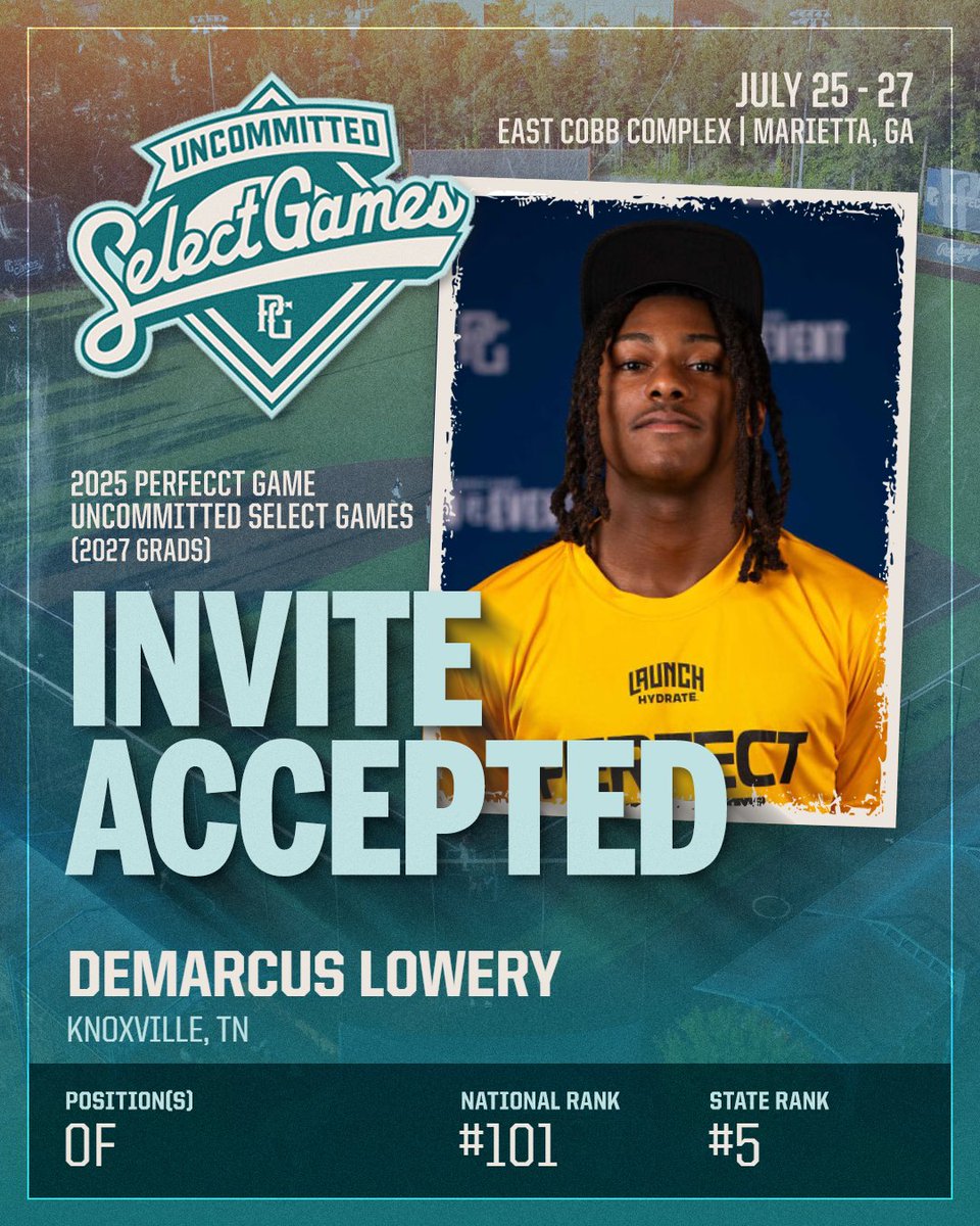 PG Showcases (@pgshowcases) on Twitter photo 🚨INVITE ACCEPTED - UNC. SELECT GAMES🚨
Demarcus Lowery, top ranked 2027 outfielder in the state of Tennessee has accepted his invite to compete in the inaugural Uncommitted Select Games this month!
<a href="/PG_Tennessee/">Perfect Game Tennessee</a> <a href="/PG_Scouting/">Perfect Game Scout</a> <a href="/PerfectGameUSA/">Perfect Game USA</a> <a href="/djlowery27/">DeMarcus Lowery</a>
📅 July 25-27, 2025
📍 🚨INVITE ACCEPTED - UNC. SELECT GAMES🚨
Demarcus Lowery, top ranked 2027 outfielder in the state of Tennessee has accepted his invite to compete in the inaugural Uncommitted Select Games this month!
<a href="/PG_Tennessee/">Perfect Game Tennessee</a> <a href="/PG_Scouting/">Perfect Game Scout</a> <a href="/PerfectGameUSA/">Perfect Game USA</a> <a href="/djlowery27/">DeMarcus Lowery</a>
📅 July 25-27, 2025
📍