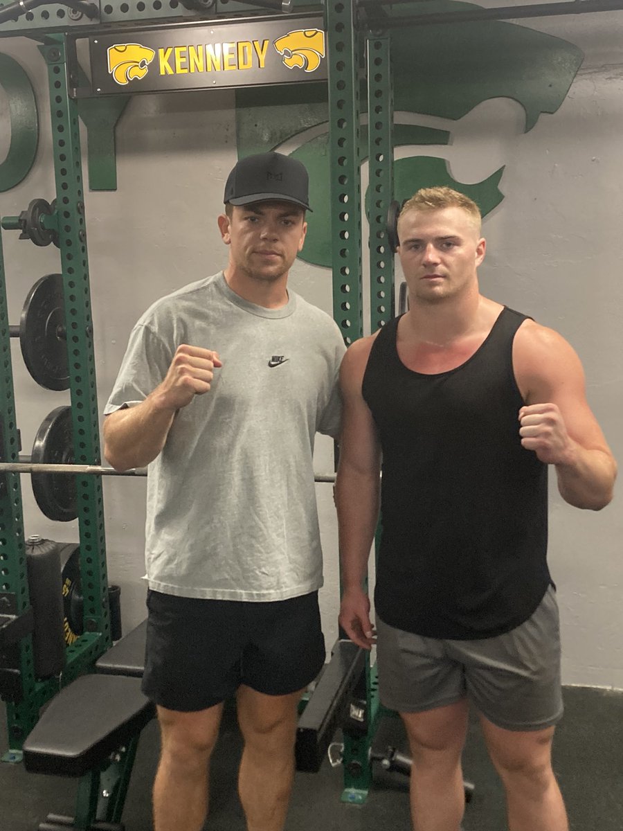 A couple of DUDES working out in the Kennedy weight room this morning. All-time Kennedy football great and U of Wyoming RB- Max White along with Philadelphia Eagle and Super Bowl Champ- Cooper DeJean! Let’s go! Roll COUGS!