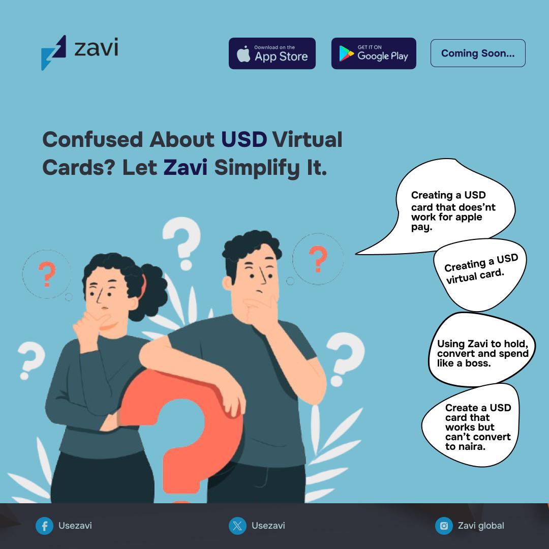 UseZavi's tweet photo. Too many USD card options, but none that actually work? 😩💳
Let Zavi simplify your money game.
💡 Hold, convert, and spend in USD, NGN &amp; crypto — all in one app.

No confusion. Just control.
#ZaviApp #SmartMoneyMoves #USDCardThatWorks #FintechSimplified #ComingSoon https://t.co/nmfZsHFyN0