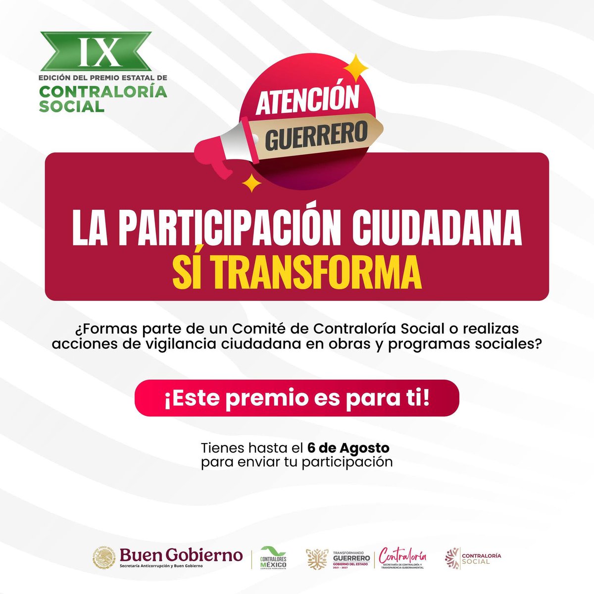 📣 ¡Atención #Guerrero!
Ya está abierta la convocatoria del Premio Estatal de Contraloría Social 2025 💪
¿Eres parte de un Comité o haces vigilancia ciudadana?
🎯 ¡Este premio es para ti!
Consulta las bases 👉 [guerrero.gob.mx/convocatoria/p…]

🗓️ Tienes hasta el 6 de agosto