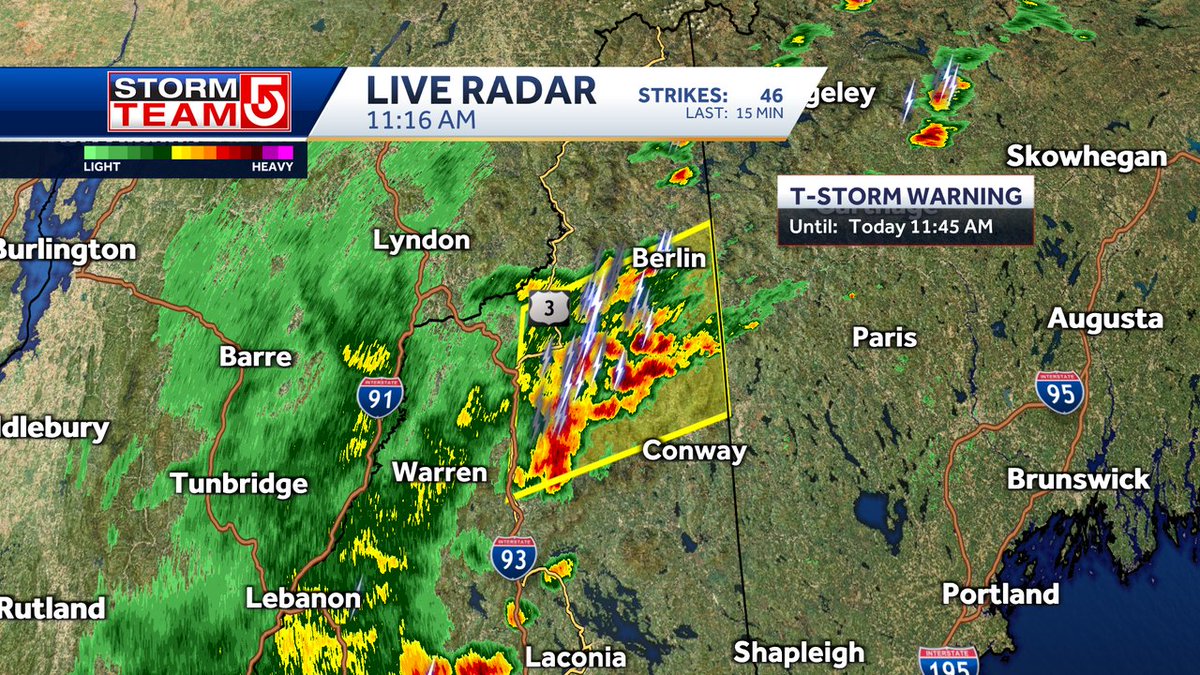 SEVERE THUNDERSTORM
Moving thru northern NH with 60mph wind gusts and half dollar size hail possible.  Storm is moving NE at 10mph and warned untl 11:45am.  Heads up for folks headed north for the holiday weekend   #WCVB