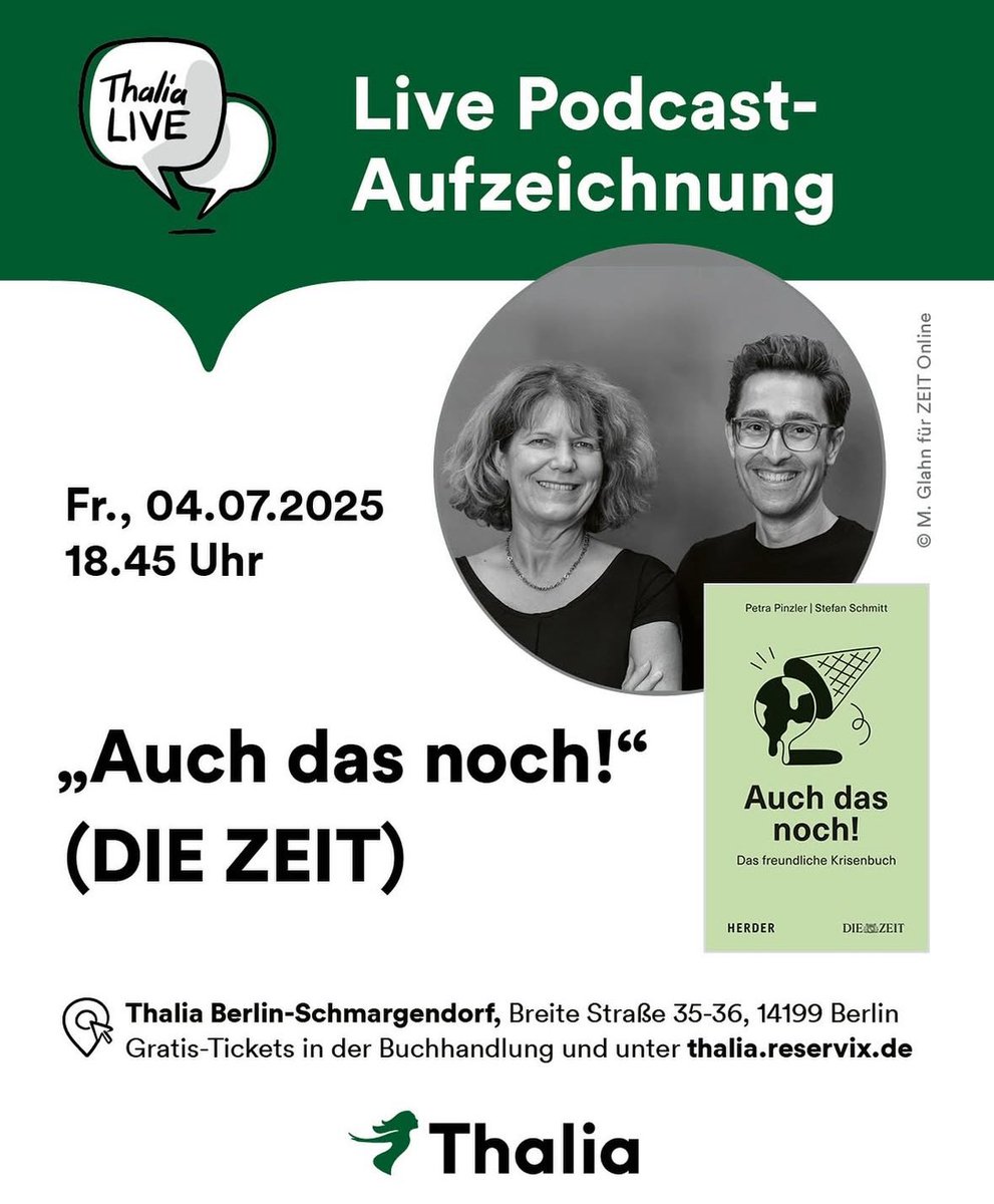 martyna_lin's tweet image. Morgen Abend bin ich live im @DIEZEIT Podcast „auch das noch!” Tickets gibt es für den unschlagbaren Preis von 0€ 🥳
Wo? #Berlin 👉 Thalia Berlin Schmargendorf, Breite Str. 35-36, 14199 Berlin
Ticket holen & dazu kommen! 18:45 geht’s los. 🎟️ reservix.de/tickets-live-p…