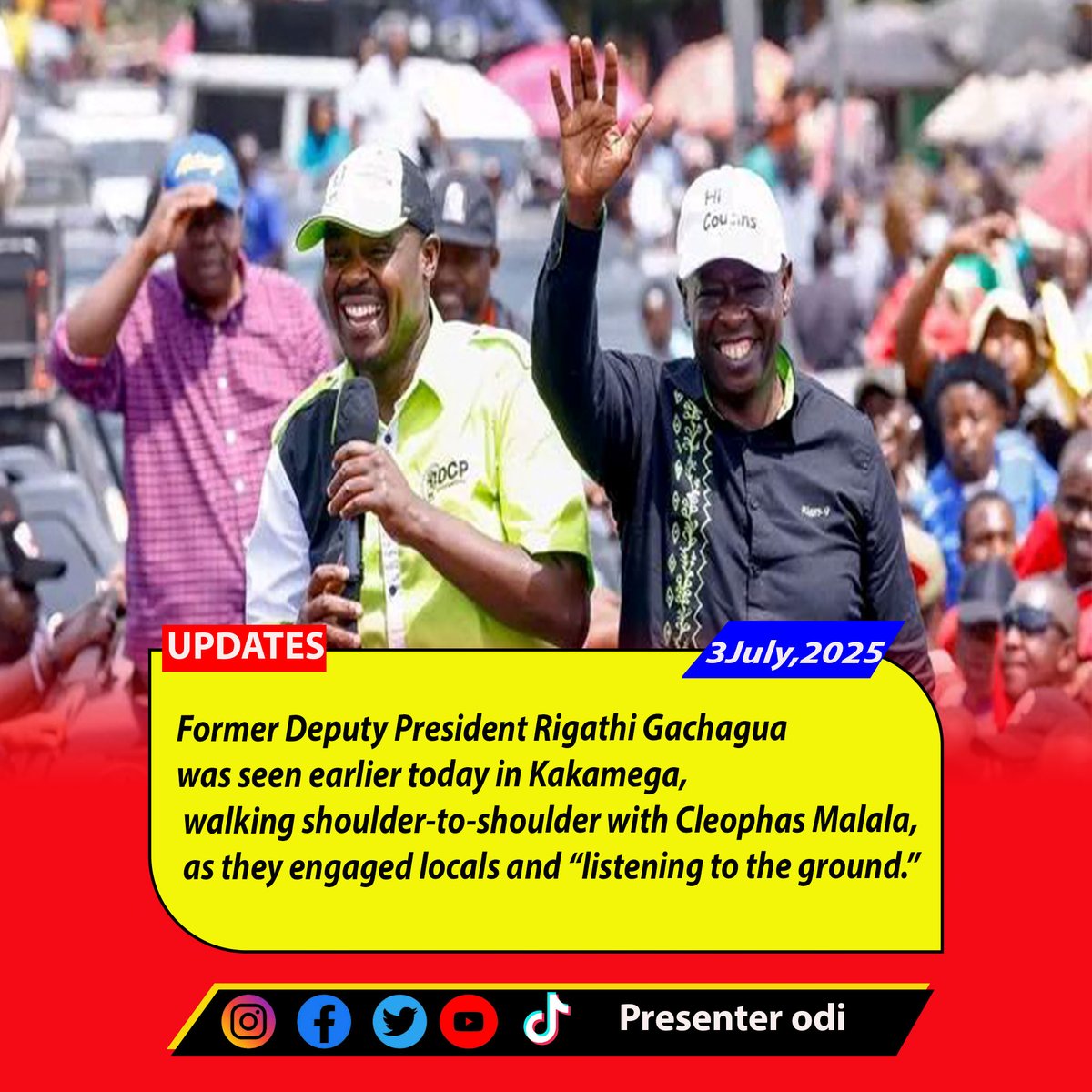 YemenOdi's tweet photo. Former Deputy President Rigathi Gachagua was seen earlier today in Kakamega, walking shoulder-to-shoulder with Cleophas Malala, as they engaged locals and “listening to the ground.” https://t.co/0wCZIg7C6c