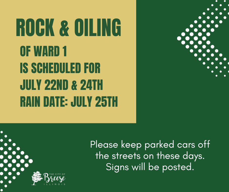 Rock &amp; oiling is coming to Breese streets. Please move your cars off the road so our crew can work safely. They're out there in the heat making things better-let's give them space and respect. Watch for signs &amp; updates. Thanks, neighbors! #cityofbreeseil #rockandoiling2025