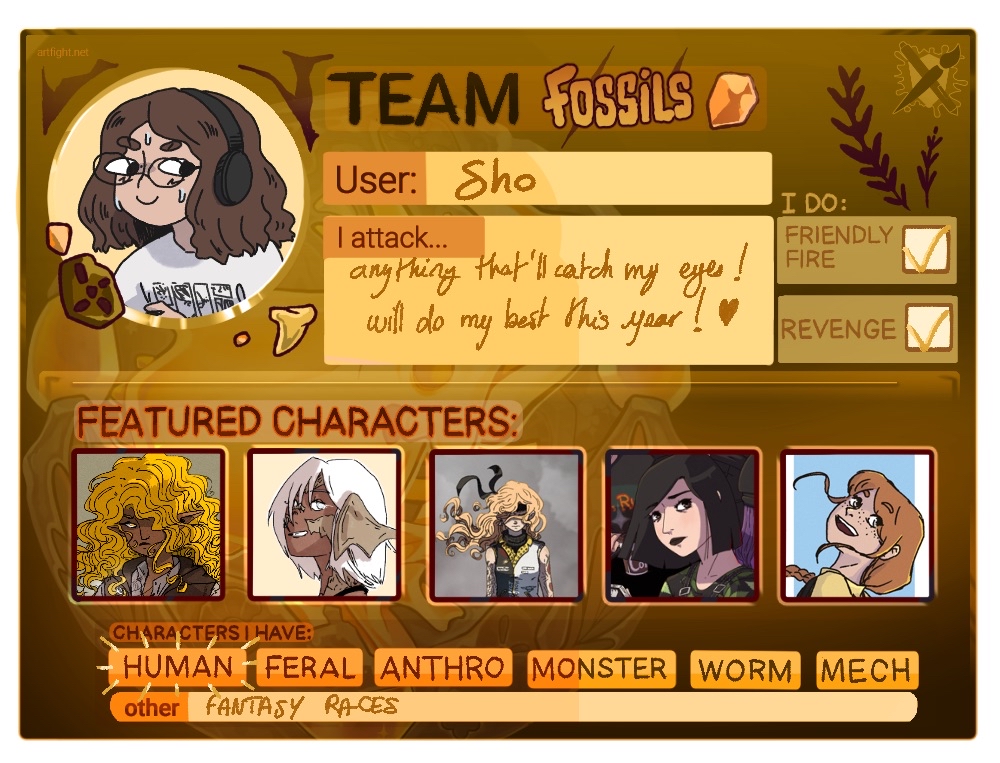 Just started the #artfight2025 !
Team fossils here artfight.net/~Shooo 

Let's fight!!