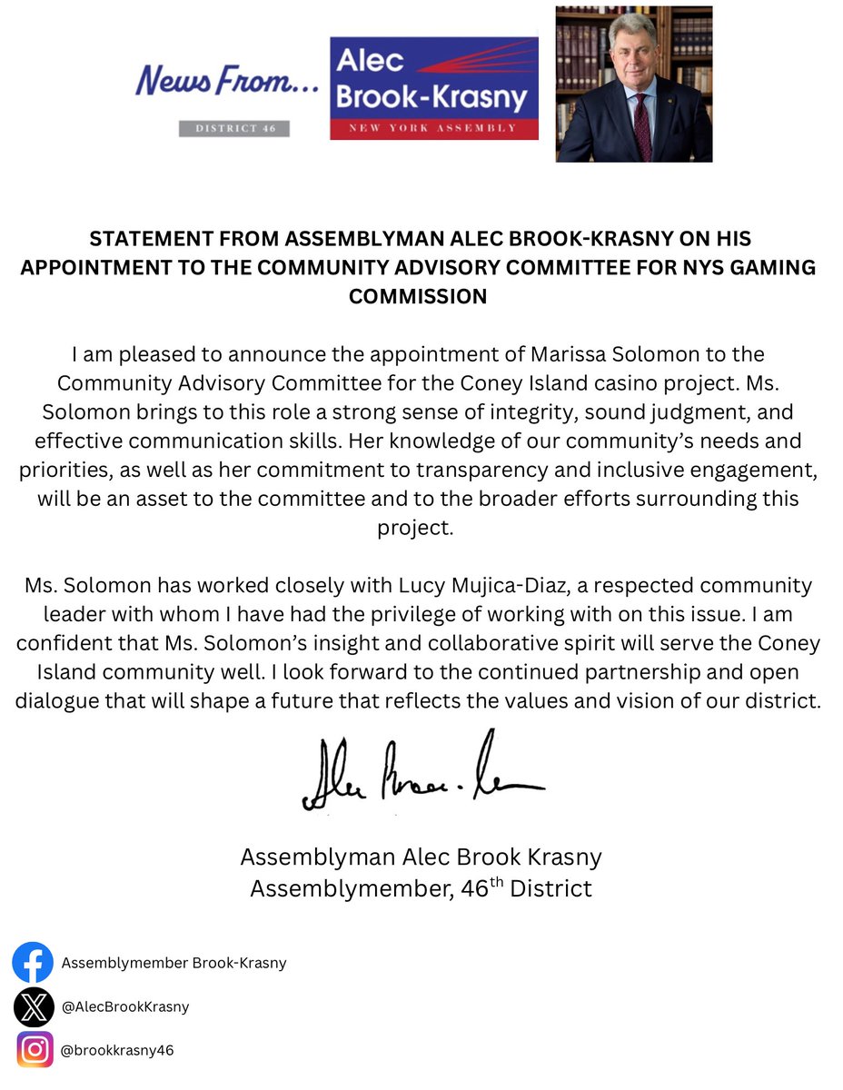 AlecBrookKrasny's tweet image. STATEMENT FROM ASSEMBLYMAN ALEC BROOK-KRASNY ON HIS CAC APPOINTMENT TO THE NYS GAMING COMMISSION