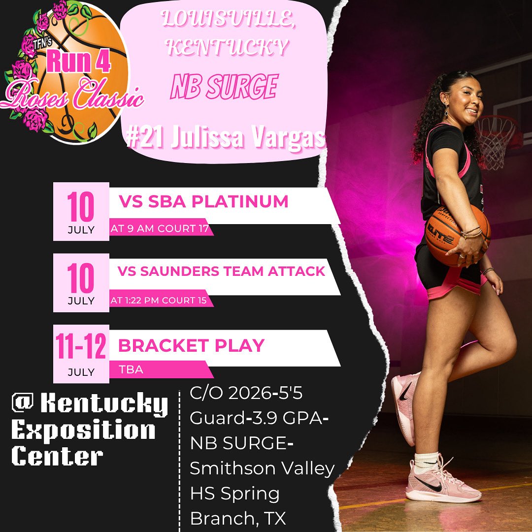 Julissa Vargas (@vargas_julissa_) on Twitter photo 🚨College Coaches - I will be competing at the Run 4 the Roses July 10- 12 in Louisville, Kentucky and would love for you to come check out my games! <a href="/Surge2026/">NB S.U.R.G.E.</a> 🚨College Coaches - I will be competing at the Run 4 the Roses July 10- 12 in Louisville, Kentucky and would love for you to come check out my games! <a href="/Surge2026/">NB S.U.R.G.E.</a>