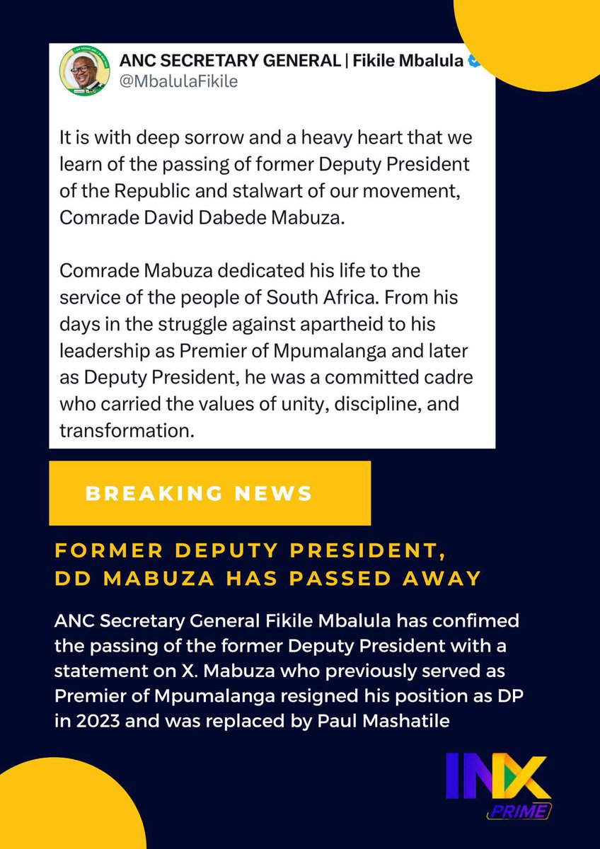 Former Deputy President #DDMabuza has passed away. ANC SG <a href="/MbalulaFikile/">ANC SECRETARY GENERAL | Fikile Mbalula</a> confirmed his passing earlier today