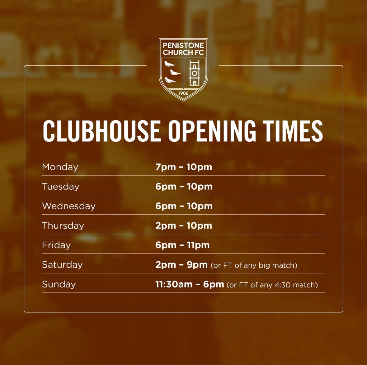 🍻 Clubhouse update 🍻 

For the month of July we’ll not be open on a Sunday. 

With no junior football &amp; all of the junior club presentations completed,  our Sunday staff will be taking a well needed rest ahead of the season.

Sundays will be back to normal on the 3rd of August.