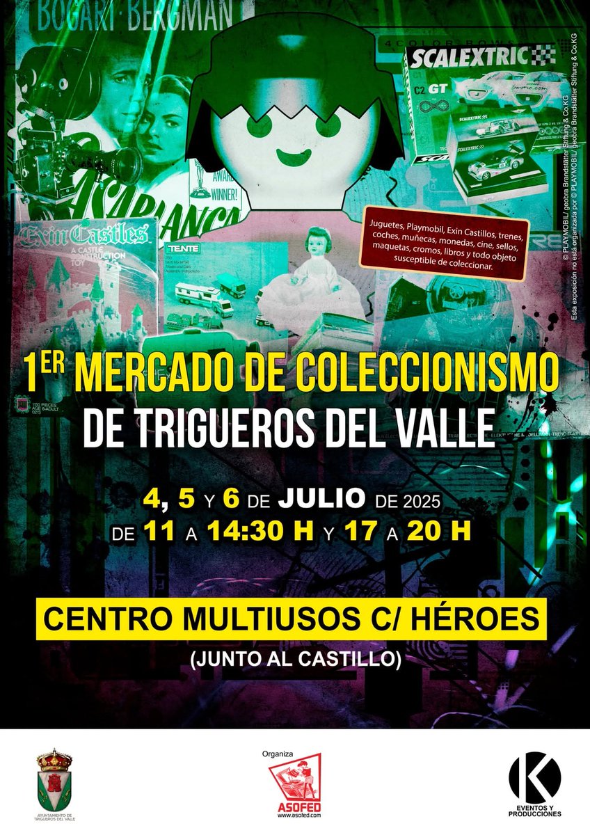 asofed's tweet photo. Noticion vuelve el mercado de Coleccionismo de Trigueros del Valle. Tras el éxito del primer fin de semana, os esperamos los días 4, 5 y de julio. Además últimos días para disfrutar de la exposición "Clásicos de la literatura en Playmobil"  para no perdérselo.  Buen día. https://t.co/g8b2i5SWfc