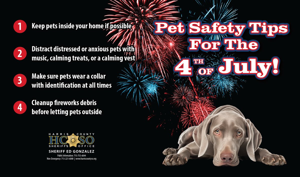 HCSOTexas's tweet photo. 🎆 @SheriffEd_HCSO and HCSO remind everyone never to use fireworks around pets!

Loud noises and bright flashes can cause fear and anxiety and even lead pets to run away.

Please follow these safety tips to protect your furry family members this Fourth of July. https://t.co/UQbLubYKsC