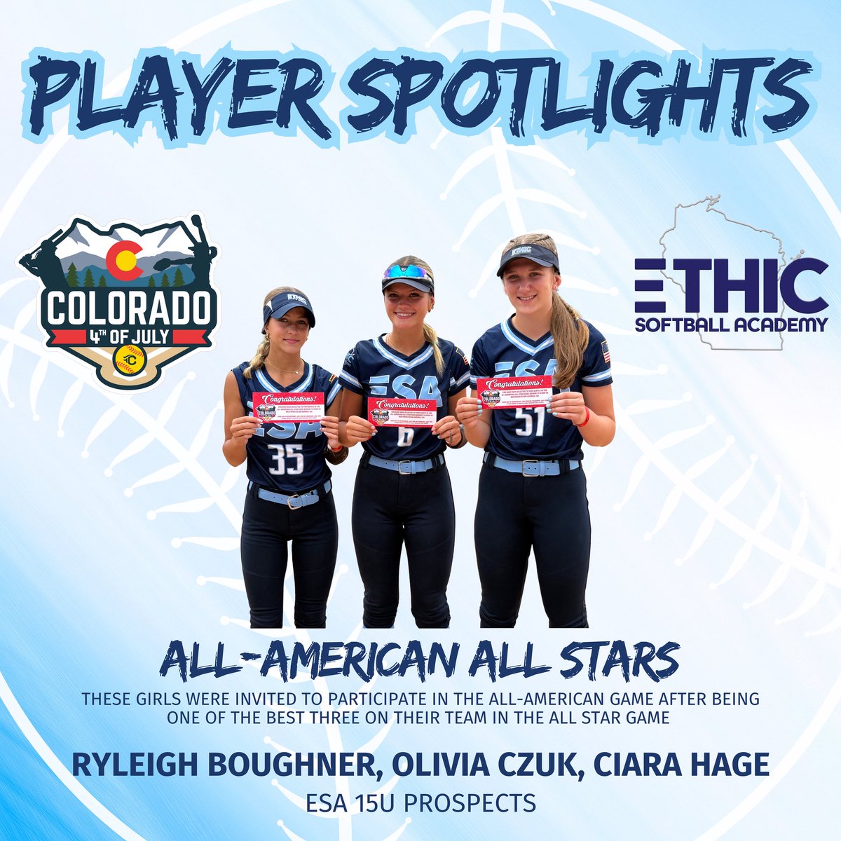 S/O to Ryleigh Boughner, Olivia Czuk, and Ciara Hage on 15U Prospects for being invited to participate in the All-American All Star game this week in CO! We are so proud of you! 🩵
