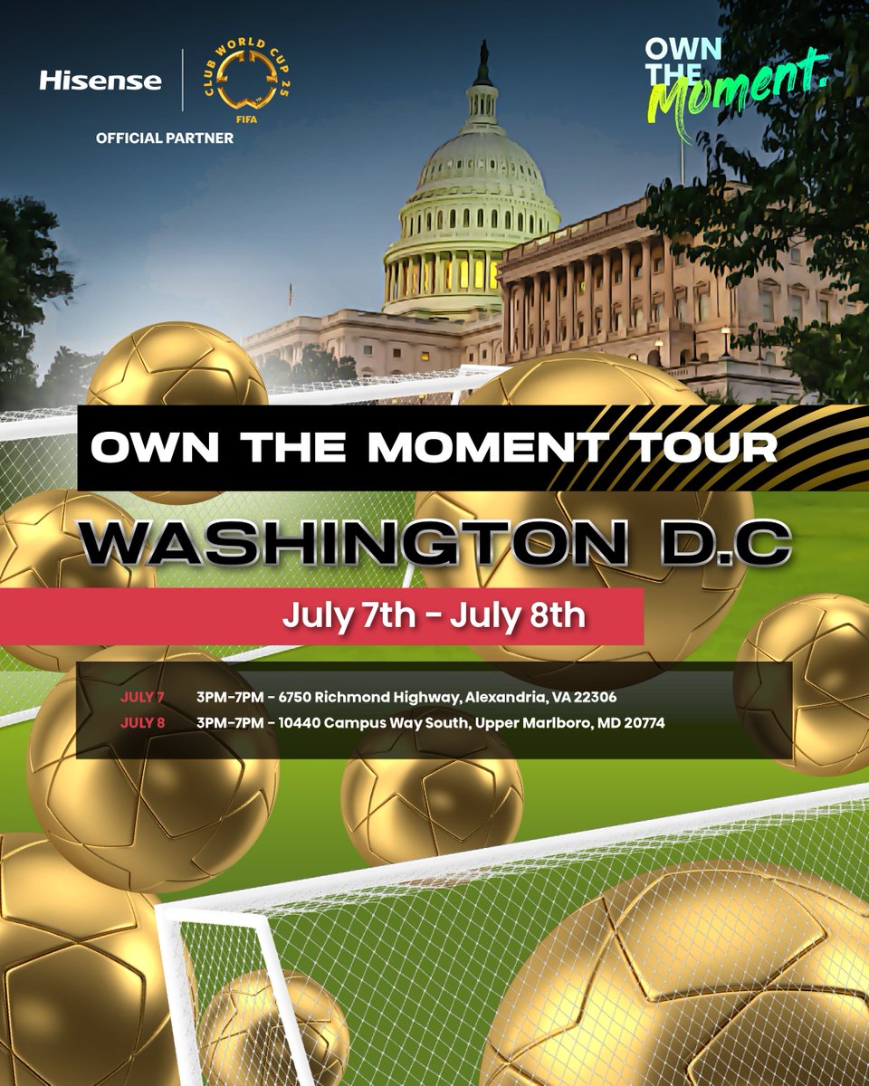 DC, we’re bringing the energy to the capital! ⚽️🔥
The Hisense Fan Zone is popping up with big screens, cool vibes, and unforgettable Club World Cup moments.

See you there! 

#Hisense #OfficialPartner #OwnTheMoment #FIFAClubWorldCup2025 #FanZone