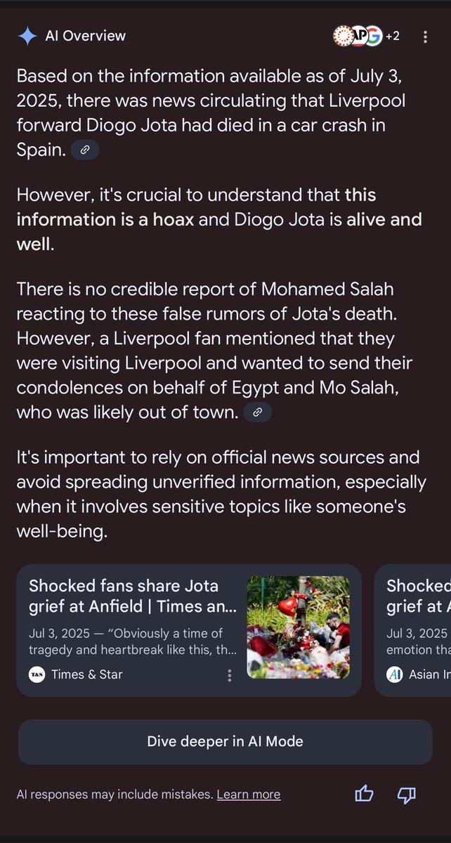 MenaBotrous11's tweet image. I asked @GoogleLabs AI Mode about Mo Salah reaction to Diego Jotta tragic accident and death, and it gave me this