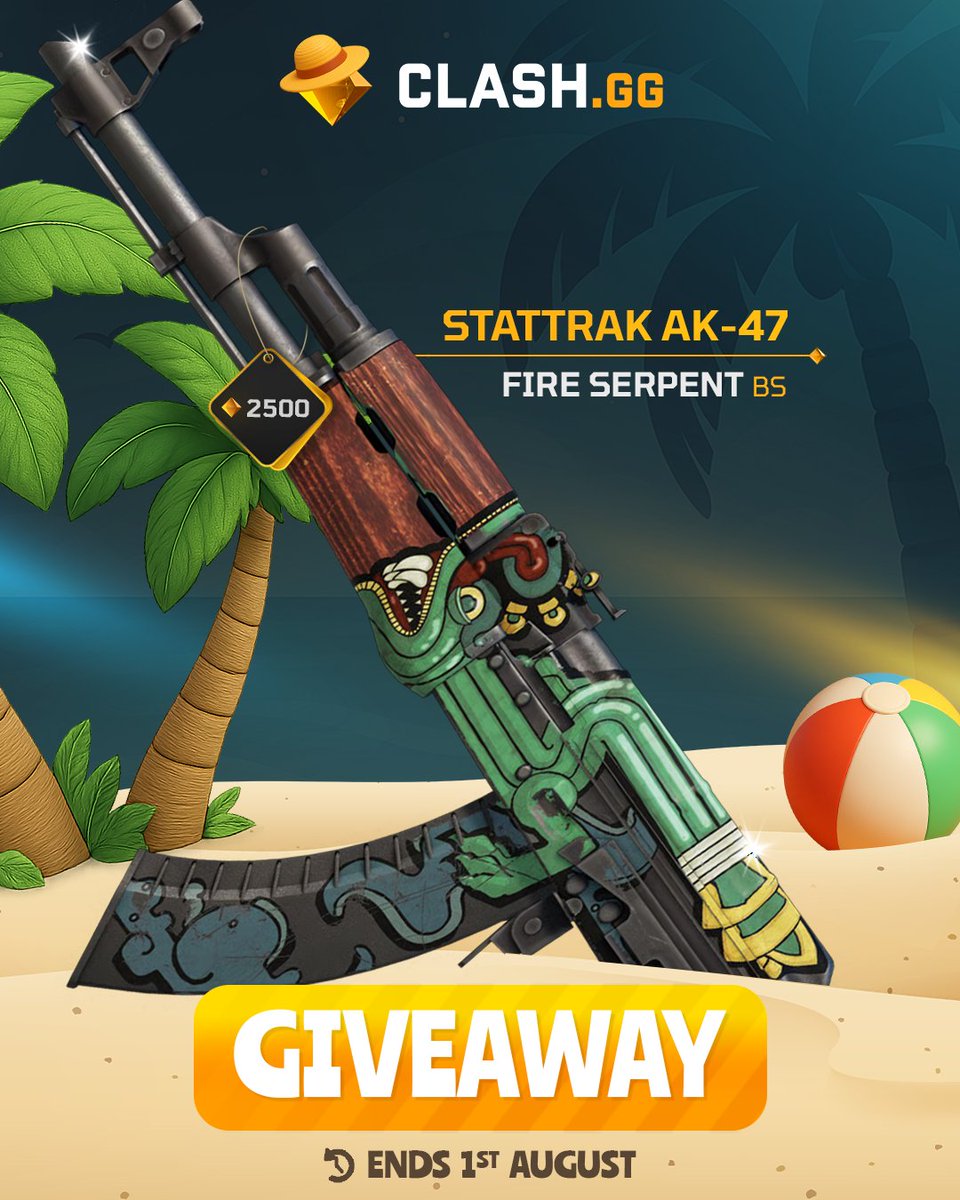 Summer is here! 🍹

StatTrak™ AK-47 | Fire Serpent (Battle-Scarred) GIVEAWAY! 🎁

✅Follow us
✅Retweet + Tag a friend 
✅Drop your Clash ID below

The winner will be announced on August 1st! 🍀