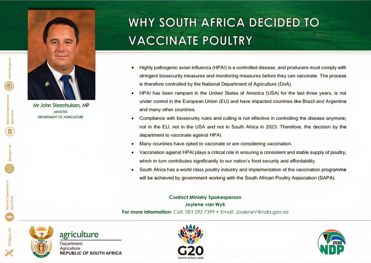 DOAgov_ZA's tweet image. 📢 South Africa is taking decisive action to protect its poultry industry🇿🇦🐓

Minister John Steenhuisen has confirmed that the country has officially adopted vaccination against HPAI (avian flu) to secure the food supply and safeguard jobs.

#VaccinatePoultry #BiosecurityMatters…