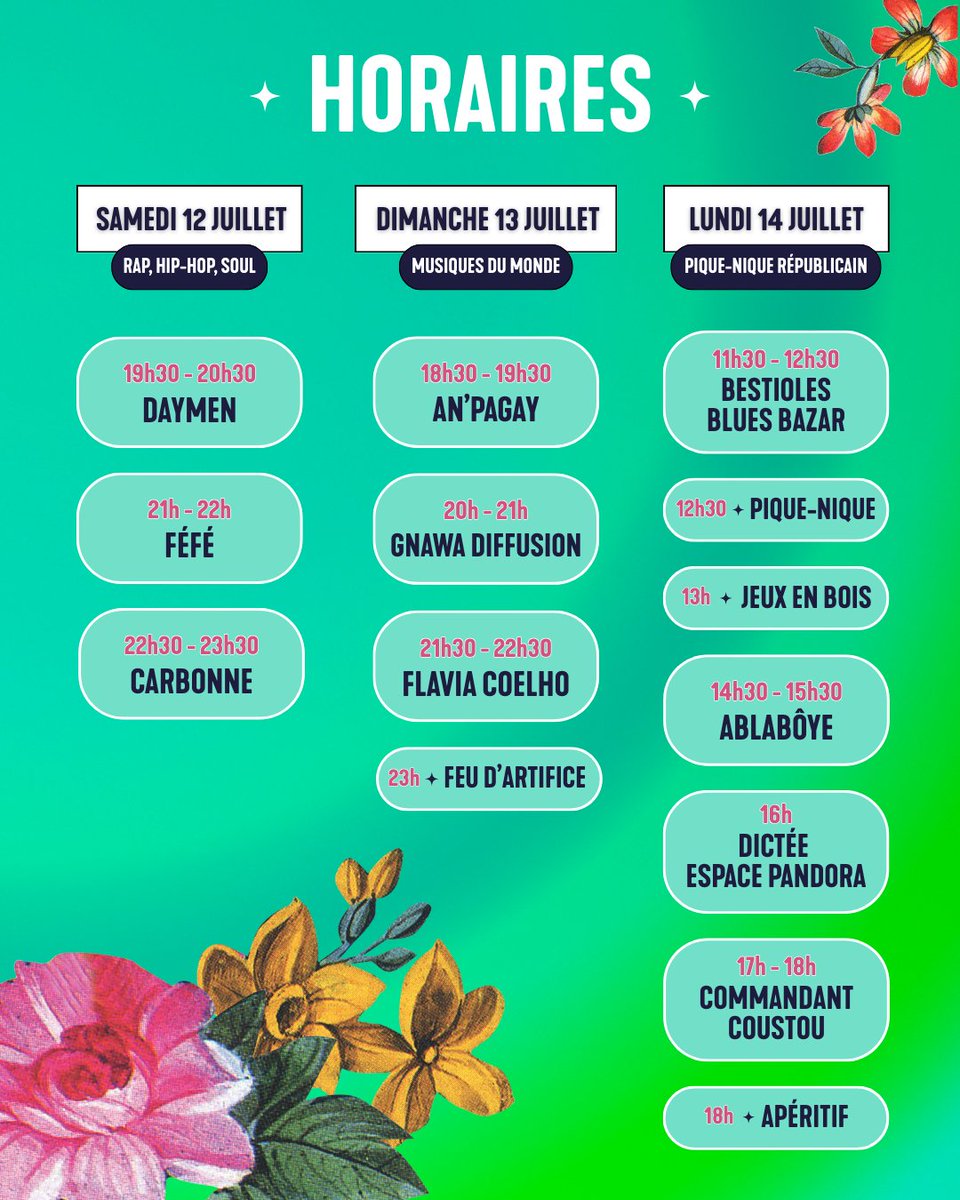 𝐇𝐨𝐫𝐚𝐢𝐫𝐞 𝐝𝐞𝐬 𝐜𝐨𝐧𝐜𝐞𝐫𝐭𝐬 ⏰

Le festival c'est dans une dizaine de jours alors il est temps de vous donner les horaires des concerts 🎶

📍 Tous les concerts se déroulent au Parc Dupic à Vénissieux
🎆 RDV au stade Laurent Gérin pour le feu d'artifice