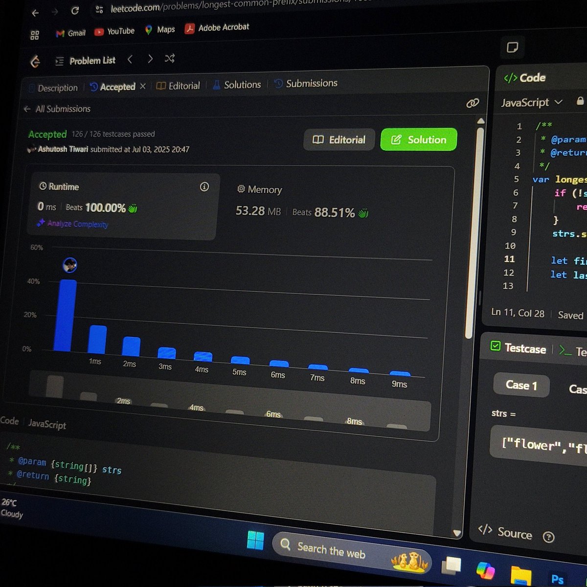 ashuscript's tweet photo. Wow, that was unexpected! My first solution for this LCP LeetCode problem just beat 100% of solutions in runtime and was ahead of 88.51% in memory.

#LeetCode #DSA #JavaScript https://t.co/a4wphfpO1j