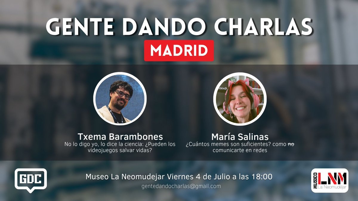 Gente Dando Charlas (@gdc_charlas) on Twitter photo ¡NOS VEMOS MAÑANA EN GENTE DANDO CHARLAS MADRID!
📅 Viernes 4 de Julio a las 18:00
📍<a href="/LaNeomudejar/">La Neomudéjar</a> (Madrid)
¡Os esperamos!
#indiedev #videojuegos #gamedev ¡NOS VEMOS MAÑANA EN GENTE DANDO CHARLAS MADRID!
📅 Viernes 4 de Julio a las 18:00
📍<a href="/LaNeomudejar/">La Neomudéjar</a> (Madrid)
¡Os esperamos!
#indiedev #videojuegos #gamedev