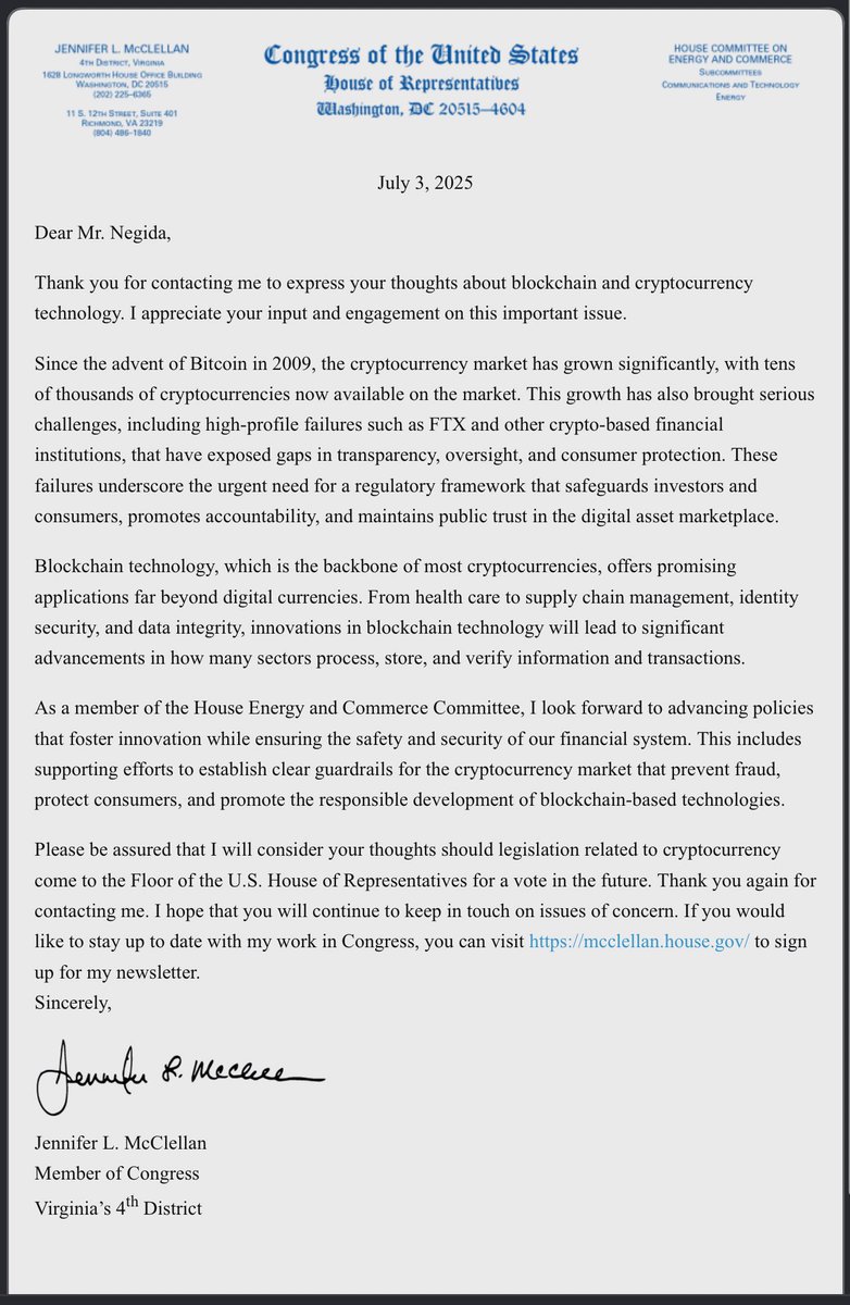 NegidaMD's tweet image. Virginia’s Congresswoman @RepMcClellan writes back in support of blockchain technology and cryptocurrency- related legislations.