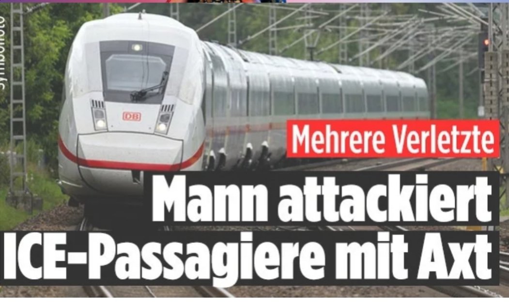 💥Brutaler Angriff im ICE💥
Ein Syrer (20) hat vier Menschen mit einer Axt und einem Hammer zum Teil schwer verletzt. Ein Zuggast soll ihm eine seiner Waffen entwendet haben und damit auf den Täter eingeschlagen haben, um ihn zu stoppen. Andere Zuginsassen hatten den Täter