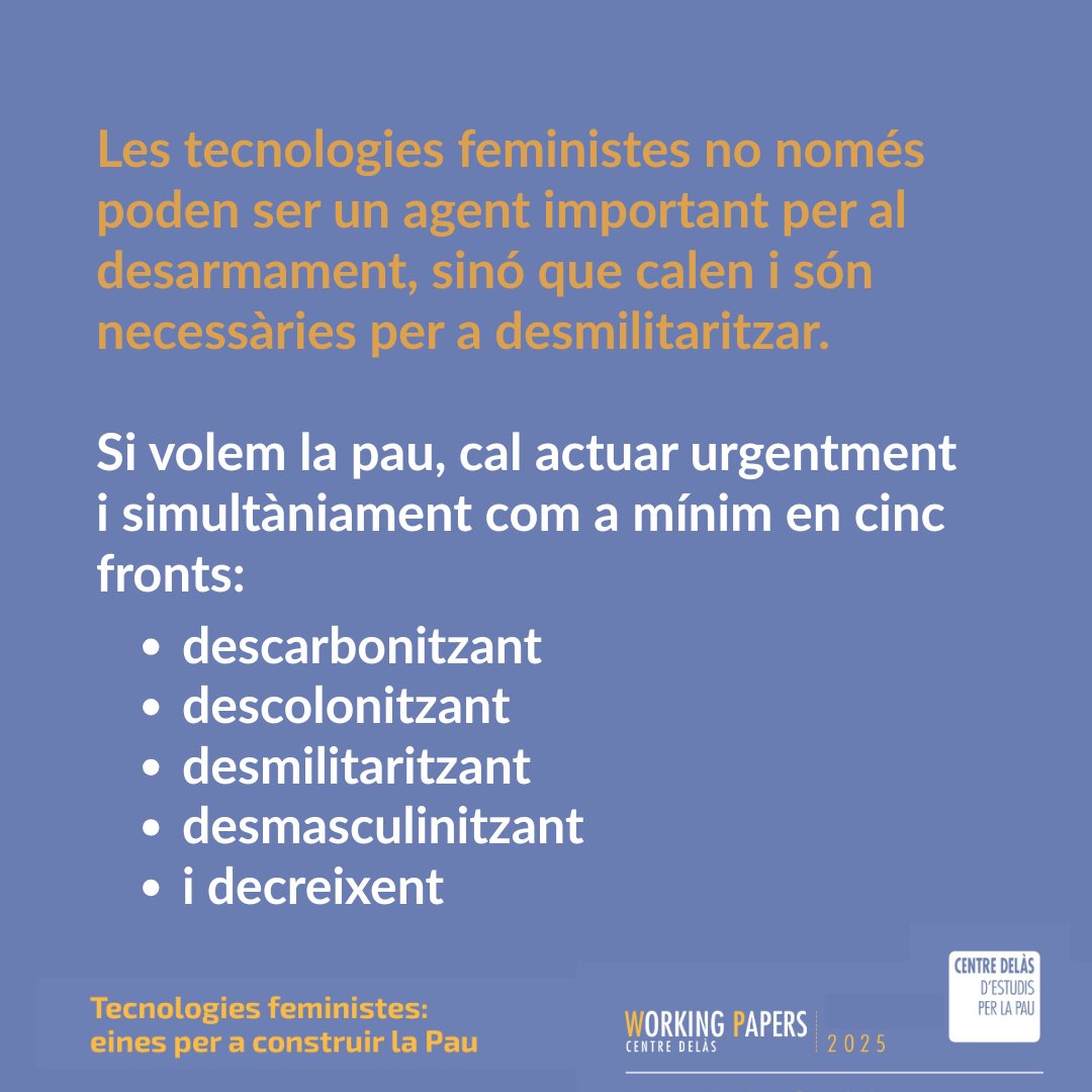 Definim com a tecnologia feminista el conjunt d'eines tecnològiques que creiem que ens acosten als objectius ecofeministes i que considerem necessàries per desmilitaritzar i construir alternatives de pau.

📚Working Paper: centredelas.org/publicacions/t…