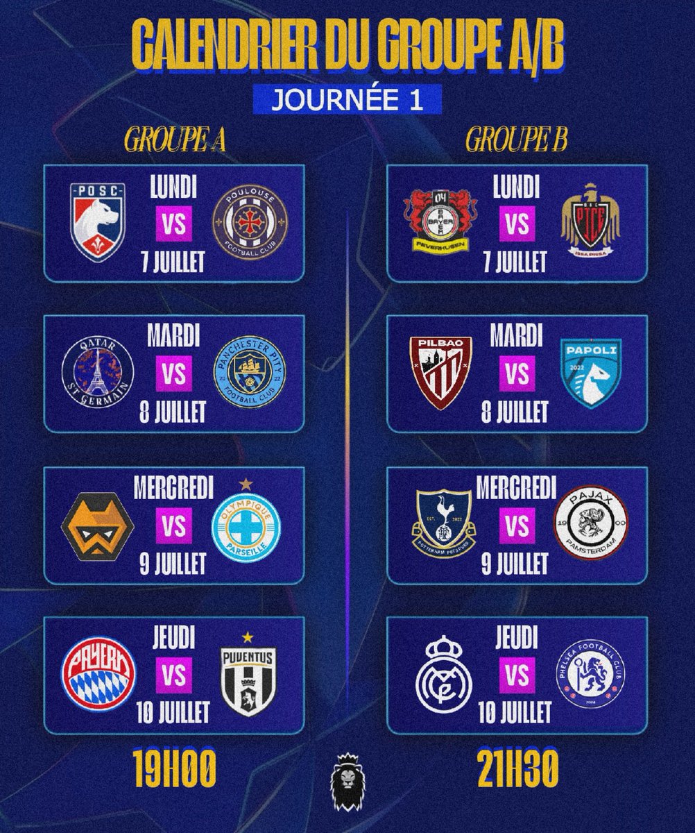 PwitterLeague_'s tweet photo. 💫🗓️ Le 𝐂𝐀𝐋𝐄𝐍𝐃𝐑𝐈𝐄𝐑 pour cette 𝐉𝟏 de 𝐏𝐀𝐌𝐏𝐈𝐎𝐍𝐒 𝐋𝐄𝐀𝐆𝐔𝐄 ! 🇪🇺🏆

🔺𝐋𝐔𝐍𝐃𝐈
- POSC-Poulouse
- Peverkusen-Pice

🔺𝐌𝐀𝐑𝐃𝐈
- Poulouse-Pity
- Pilbao-Papoli 

🔺𝐌𝐄𝐑𝐂𝐑𝐄𝐃𝐈
- Polves-Parseille 
- Pottenham-Pajax

🔺𝐉𝐄𝐔𝐃𝐈
- Payern-Puve
- Peal-Phelsea https://t.co/ozIFt9Yej6