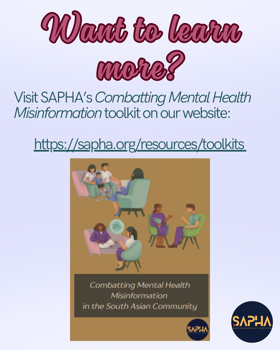 SAPHAinfo's tweet image. July is National Minority Mental Health Awareness Month 🧠💟 Mental health can be stigmatized in South Asian communities, so this is a gentle reminder than mental health IS public health. Check out our new Combatting Mental Health Misinformation toolkit: buff.ly/M97ry13