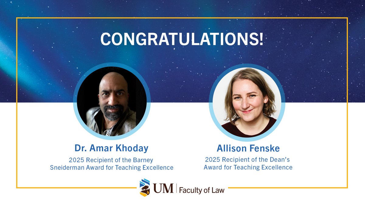 The Faculty of Law congratulates Dr. Amar Khoday and Ms. Allison Fenske, recipients of the Faculty’s two top teaching awards given annually to recognize one professor and one practicing professional instructor. 

Read the full story on UM Today News: news.umanitoba.ca/faculty-of-law…