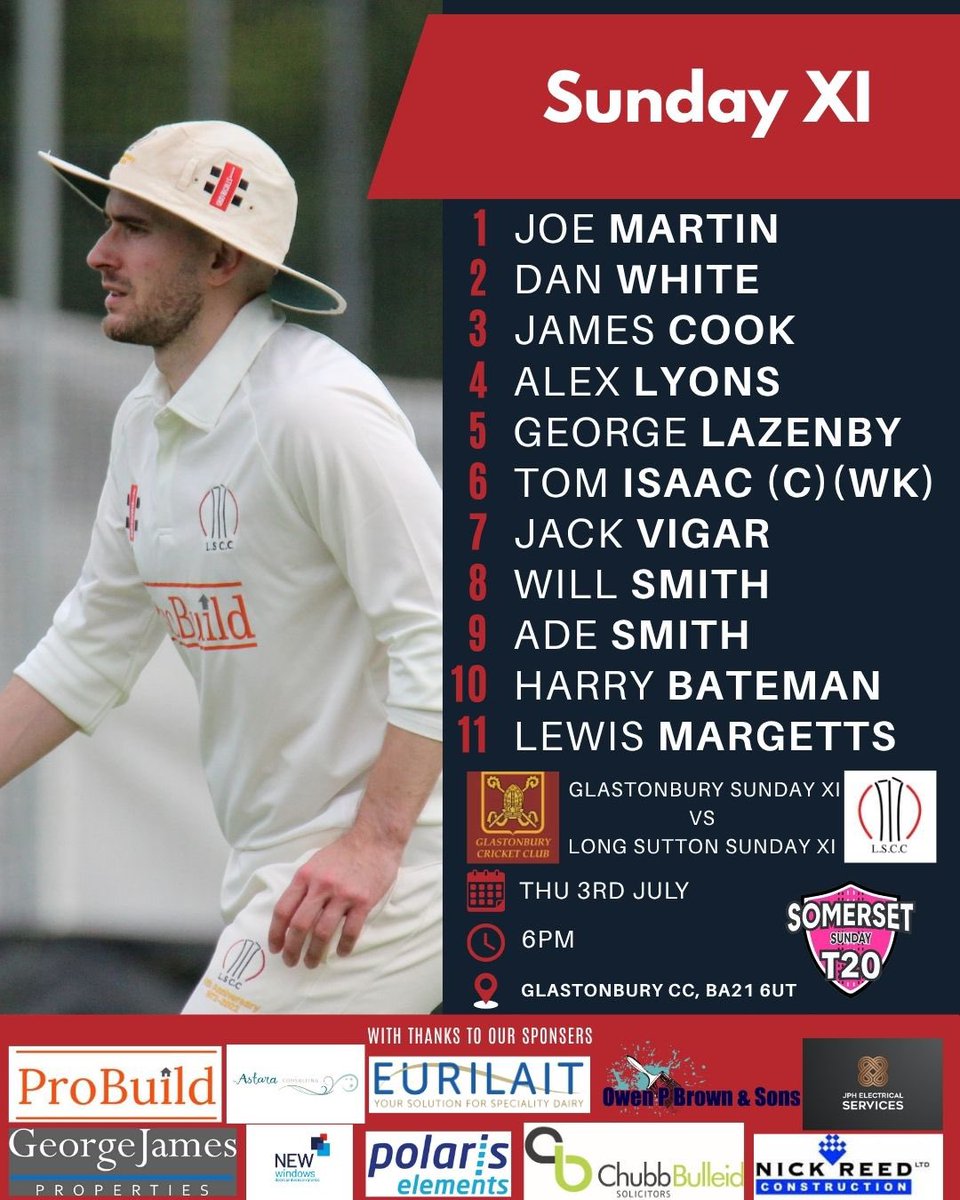 🚨Midweek Fixture🚨 
Sundays fixture on a Thursday? That’s right tonight the “Sunday” team are in action away to Glastonbury, go well all🏏