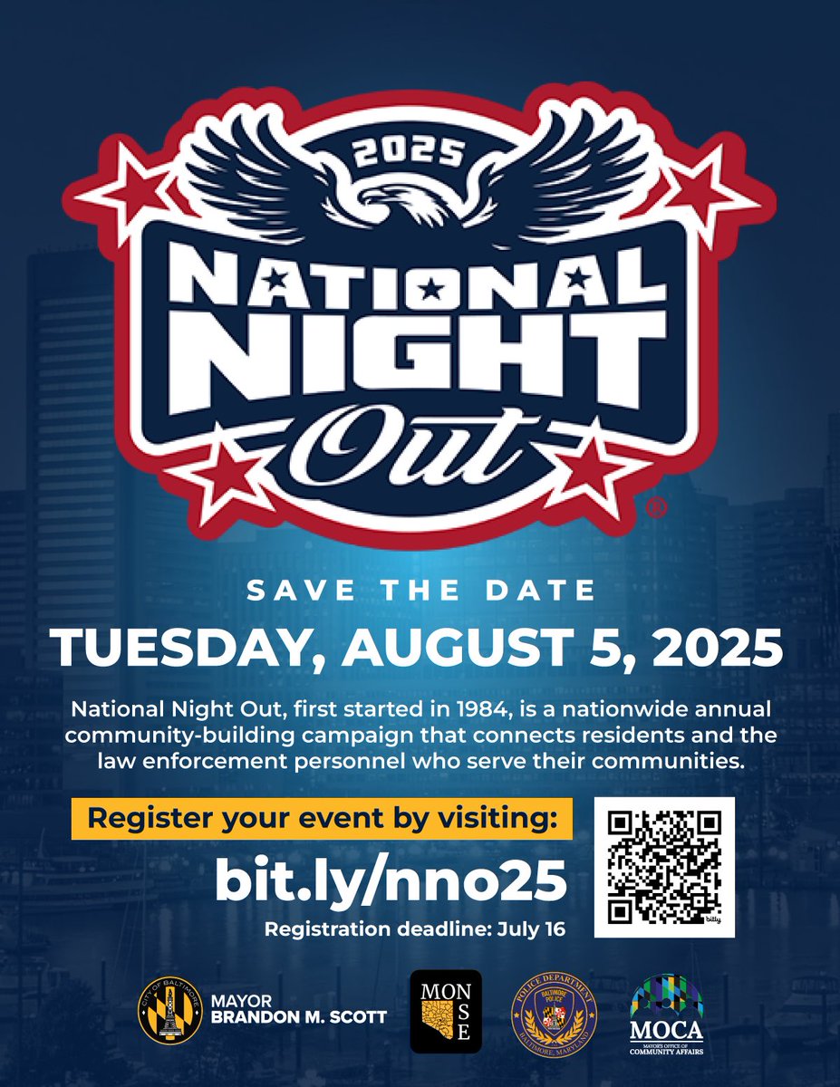 National Night Out is coming up on Tuesday, August 5th. Make sure to submit events that your organization is facilitating using the link below and complete the necessary permit applications. Let’s make this year’s National Night Out the best one yet!

bit.ly/nno25