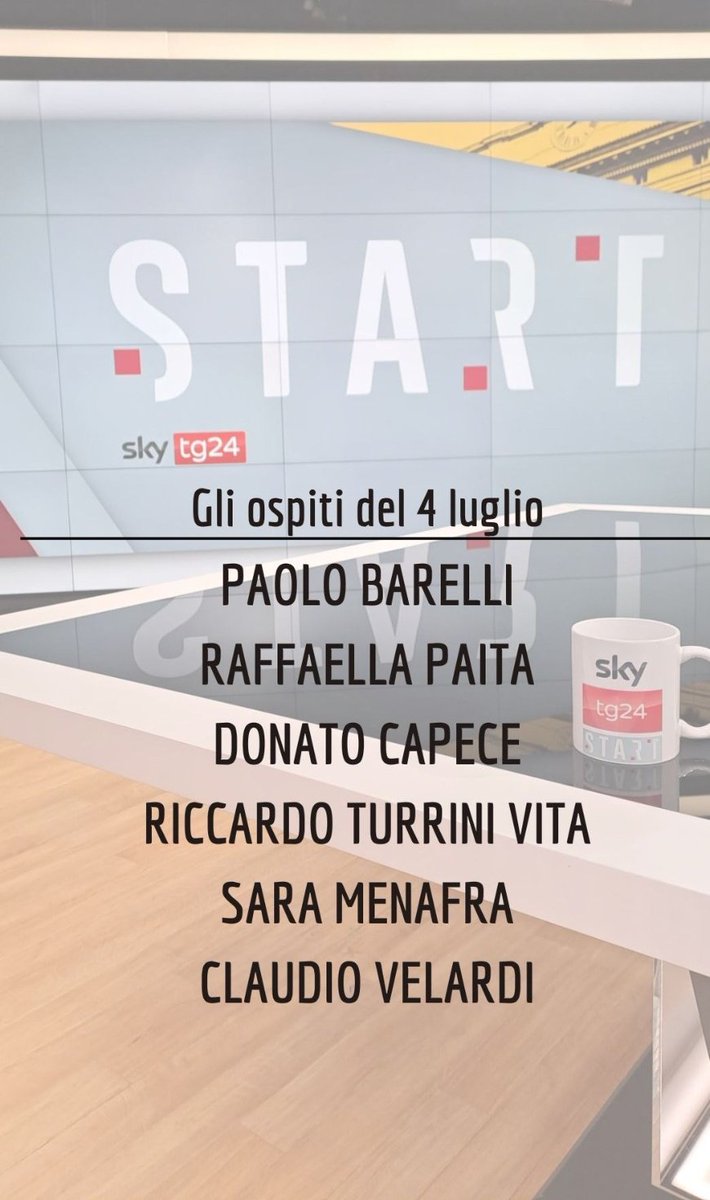 Giovanna Pancheri (@giopank) on Twitter photo Domani a #Start saremo con Paolo Barelli <a href="/forza_italia/">Forza Italia</a>, <a href="/raffaellapaita/">Raffaella Paita</a>, Donato Capece <a href="/SAPPEstampa/">SAPPE UFFICIO STAMPA</a>, Riccardo Turrini Vita <a href="/GaranteLiberta/">GarantePrivatiLibertà</a>, <a href="/smenafra/">sara menafra</a> e <a href="/claudiovelardi/">claudiovelardi</a>.
Come sempre in onda dalle 9:30 su <a href="/SkyTG24/">Sky tg24</a>. Vi aspetto! Domani a #Start saremo con Paolo Barelli <a href="/forza_italia/">Forza Italia</a>, <a href="/raffaellapaita/">Raffaella Paita</a>, Donato Capece <a href="/SAPPEstampa/">SAPPE UFFICIO STAMPA</a>, Riccardo Turrini Vita <a href="/GaranteLiberta/">GarantePrivatiLibertà</a>, <a href="/smenafra/">sara menafra</a> e <a href="/claudiovelardi/">claudiovelardi</a>.
Come sempre in onda dalle 9:30 su <a href="/SkyTG24/">Sky tg24</a>. Vi aspetto!