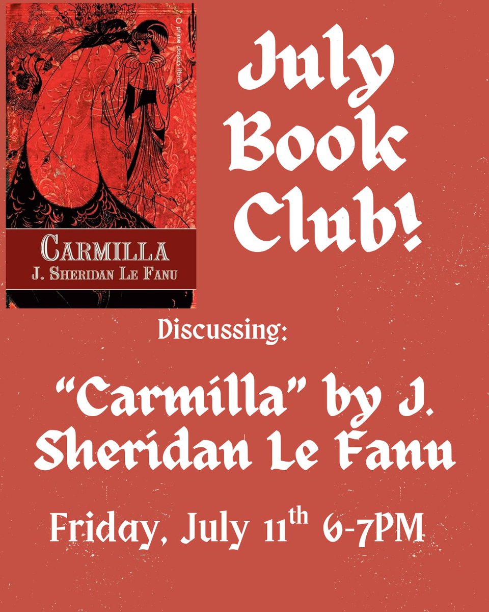 marissas_books's tweet image. A reminder that we have a Book Club meeting for July next Friday, July 11th from 6-7PM! We'll be discussing "Carmilla" by J. Sheridan Le Fanu!
#independentbookstore #independentbookstores #independentbookshop #independentbookshops #bookclubs #local #Utah