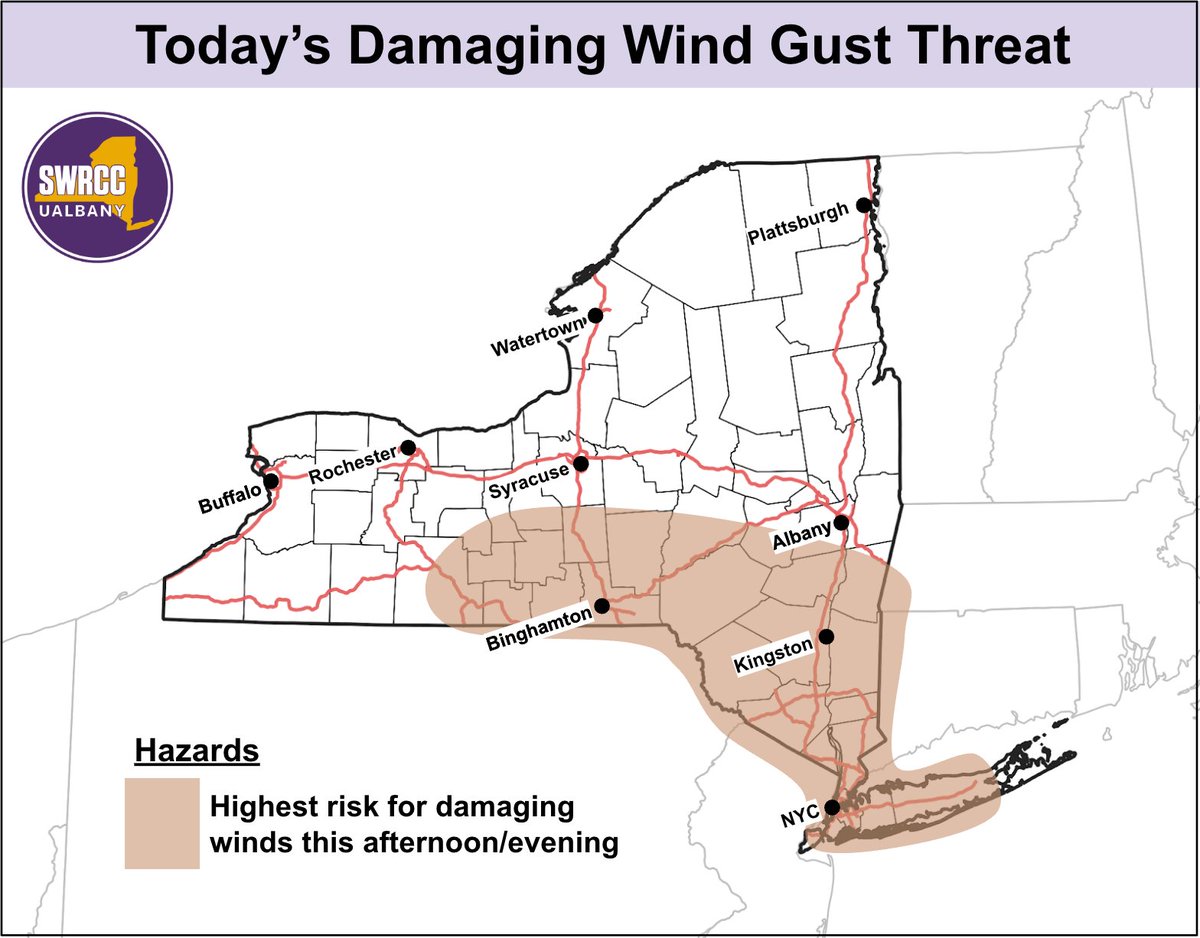 NYSWRCC's tweet image. New York: Isolated-to-scattered damaging wind gusts are possible this afternoon and evening. The greatest risk is across the tan shaded area below.