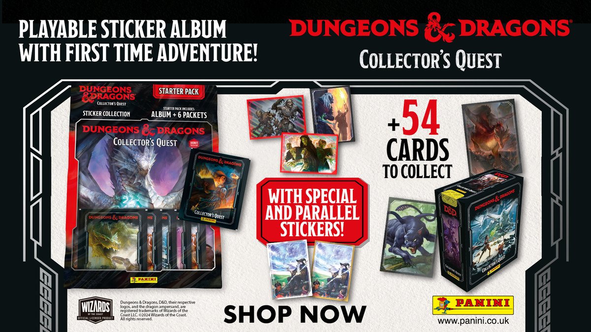 The Dungeons &amp; Dragons Collector’s Quest Sticker Collection is now back in stock online! Boxes of 24 packets of stickers are available with or without starter packs. To find out more about the collection, or to place your order visit bit.ly/4eyr8RG
