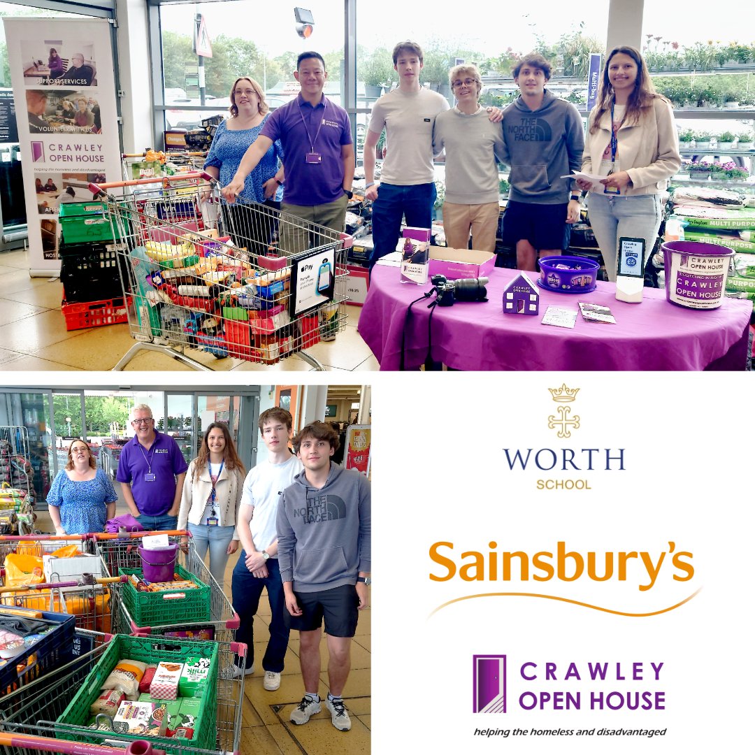 For nearly 3 years, @WorthSchool has been a fantastic supporter of our work. Huge thanks to their staff, students &amp; the generous shoppers at @Sainsburys West Green for donating trolleyloads of food for our daily emergency parcels. And thank you to Sainsbury’s too! 💜