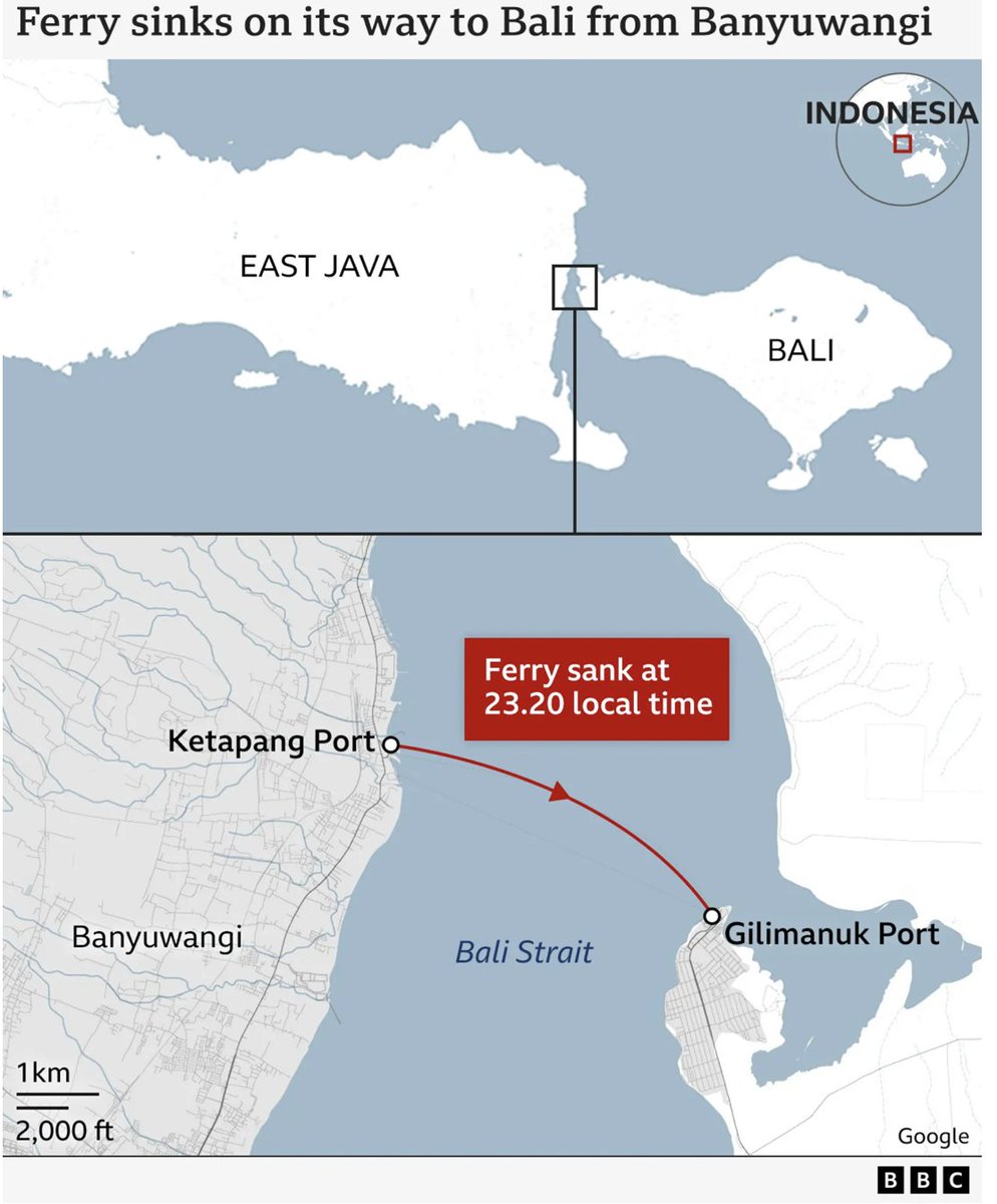 At least six people have died and dozens more are missing after a passenger ferry sank off the coast of Bali, a popular island for tourists in Indonesia.

Read more and subscribe in the top-left corner for more #news in #maps: us10.campaign-archive.com/?u=023a4ebf81f…

#ferrytragedy #balistrait