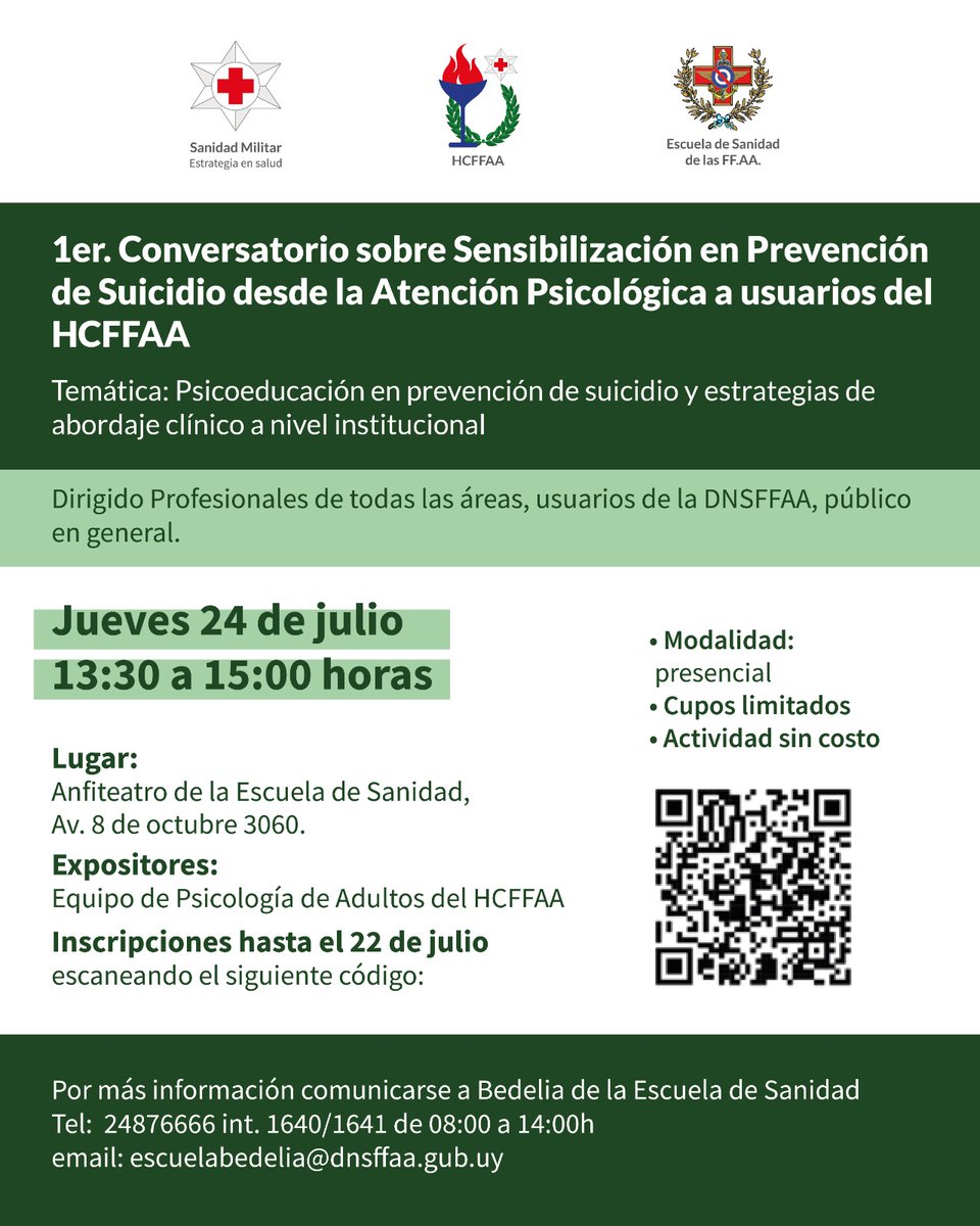 ✅1er. Conversatorio sobre Sensibilización en Prevención de Suicidio desde la Atención Psicológica a usuarios del HCFFAA
📆Jueves 24 de julio 13:30 a 15:00 horas
