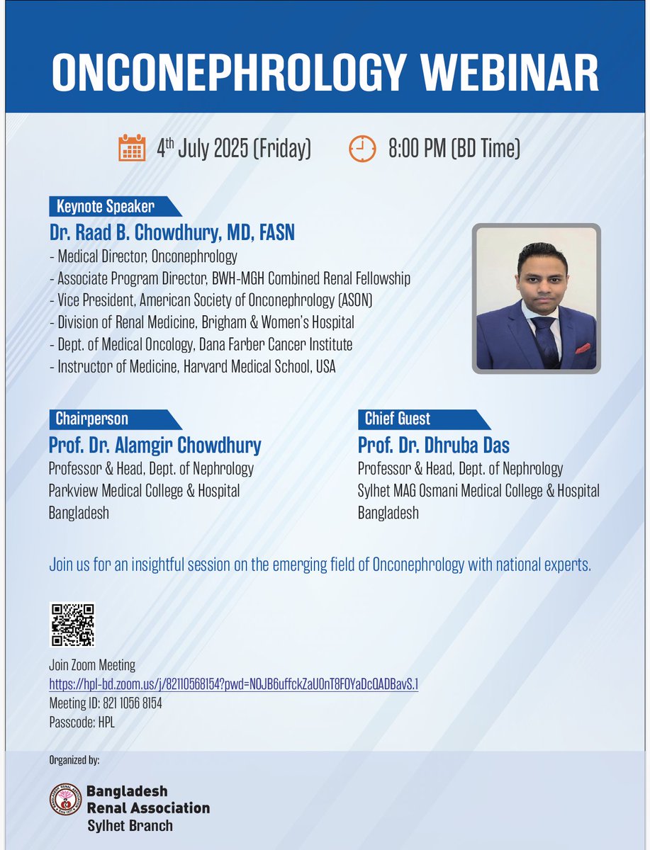 Raad Chowdhury, MD, FASN (@rc_oncneph) on Twitter photo Very excited to highlight the first of its kind webinar hosted by 🇧🇩 happening tomorrow. Excited to work towards an education network between <a href="/onconephsociety/">American Society of Onconephrology</a> and our nephrology and oncology colleagues in Bangladesh.
<a href="/shubharthikar/">Shubharthi Kar, MD, FISN</a> : Thank you for the invite
On a personal Very excited to highlight the first of its kind webinar hosted by 🇧🇩 happening tomorrow. Excited to work towards an education network between <a href="/onconephsociety/">American Society of Onconephrology</a> and our nephrology and oncology colleagues in Bangladesh.
<a href="/shubharthikar/">Shubharthi Kar, MD, FISN</a> : Thank you for the invite
On a personal