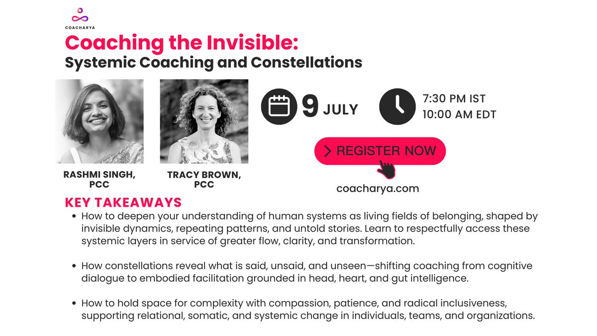 Coacharya's tweet image. Join us to explore how coaching can move beyond conversation—into presence, patterns, and the unseen dynamics that shape human experience.

👉 Register Now: tinyurl.com/jrrn4tdt

#SystemicCoaching #CoachingConstellations #EmbodiedCoaching #InvisibleDynamics #Coaching