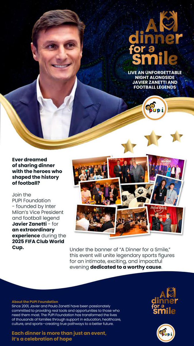 DonBisca's tweet image. People in the New York area!
Este 11 de julio pueden participar de un evento especial. Compartir una cena con @javierzanetti y otras glorias del fútbol, y a la vez colaborar con la @FUNDACIONPUPI.
¡No se lo pierdan. Será un gran evento!
Detalles: live.tickethoy.com/fundrising/una…
