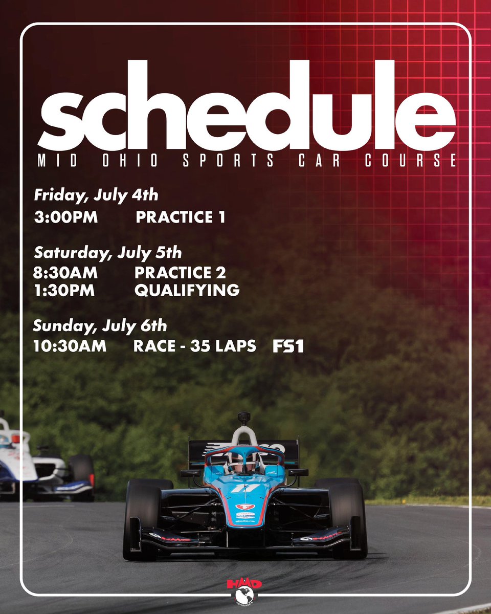Gas, gears, and the good ol’ USA. Ready for our holiday weekend at Mid-Ohio Sports Car Course!

Stream practice one this weekend live on FS2, all other sessions can be streamed on FS1!

#HMDMotorsports / #INDYNXT / #INDYCAR / @indycar / @indynxt / @Firestoneracing