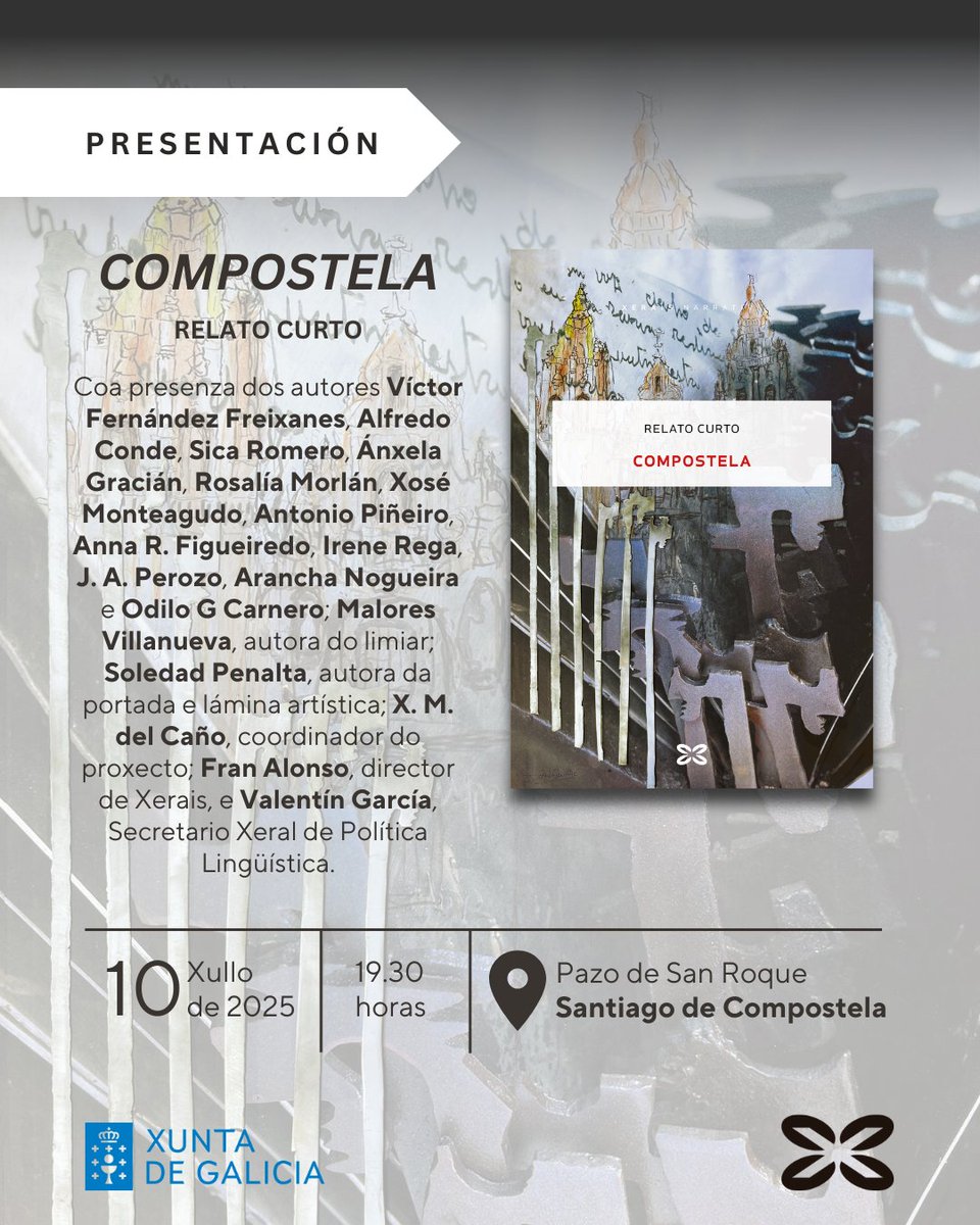 O Pazo de San Roque acollerá a próxima semana a presentación do libro de relatos Compostela, que reúne contos de autores e autoras da literatura galega contemporánea 👇