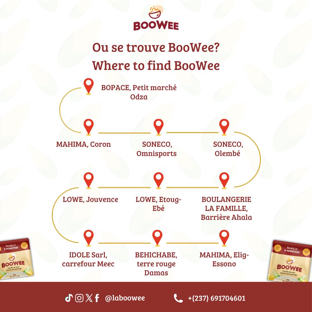 NOUVEAUX PACK DE DOUZE SACHETS DE BOOWEE DISPONIBLES ! 🎉
Savourez votre bouillie de maïs instantanée préférée !

💰 PRIX :
• Sachet individuel : 150 FCFA (40g)
• Boîte de 12 sachets : PRIX SPÉCIAL EN PACK !

🚀 PRÊTE EN 5 MINUTES !
Sans gluten • Idéale pour les matins pressés