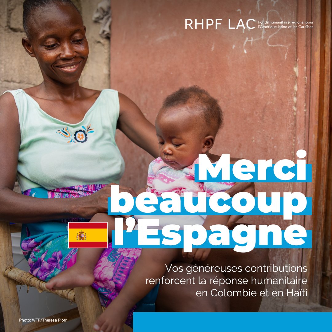 OCHA remercie l’Espagne 🇪🇸 pour sa nouvelle et généreuse contribution au Fonds humanitaire régional pour l’Amérique latine et les Caraïbes. Ce soutien renforce la capacité des partenaires à répondre efficacement, au plus près des plus vulnérables, en Colombie et en Haïti.