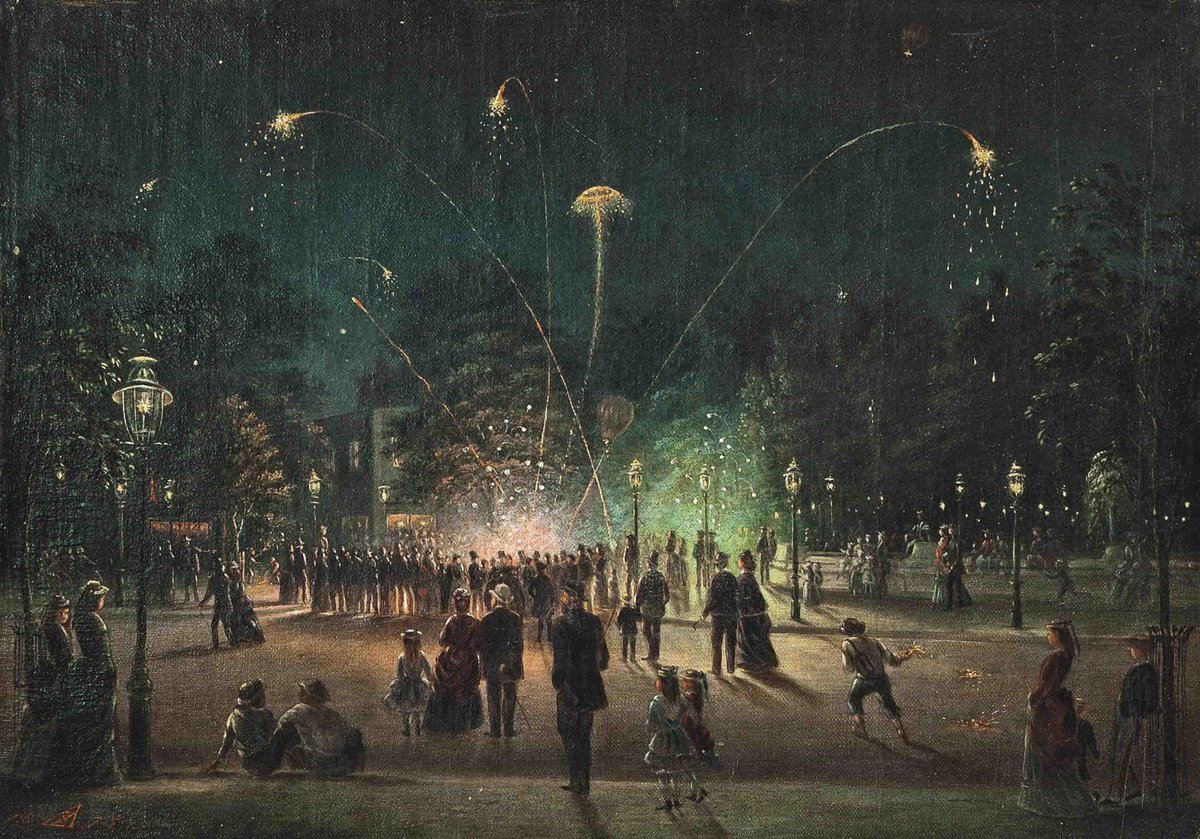 Fireworks, 4th July
Antonion Zeno Shindler 
(Bulgarian born American, 1813-1899) 
Oil on canvas laid down on board