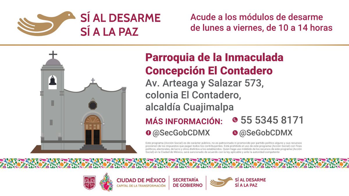cuajimalpa_gob's tweet photo. 📌A fin de reducir los hechos de violencia en nuestra alcaldía se instaló un módulo de canje “Sí al desarme, Sí a la Paz” en el que la ciudadanía podrá intercambiar armas de fuego por dinero en efectivo.
El módulo operará hasta el próximo 15 de julio en #Contadero https://t.co/MeewEl1Mkh