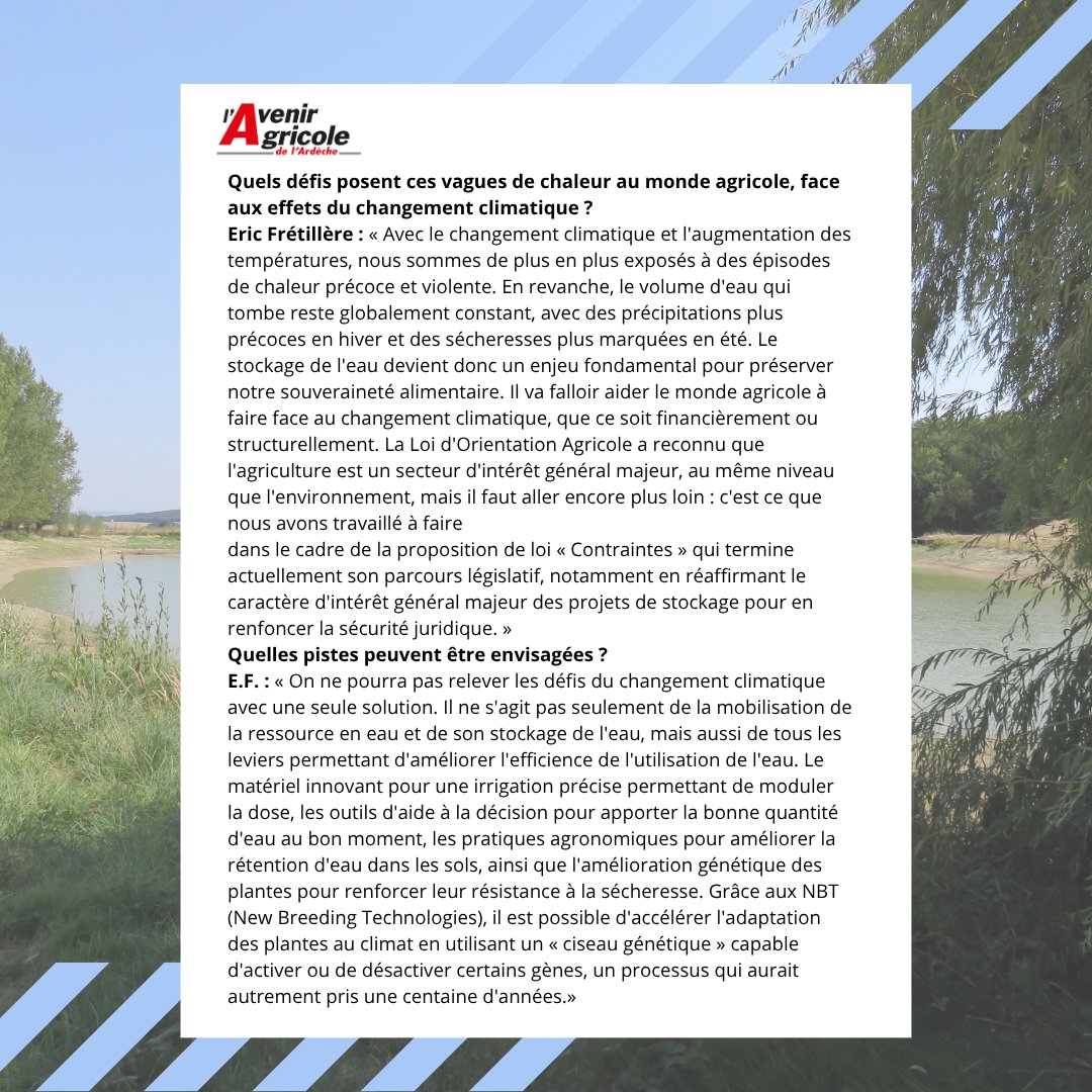 🚨 "Le stockage de l'eau est un enjeu fondamental pour préserver notre souveraineté alimentaire".

🗣️ Je suis revenu sur les enjeux et les défis à relever pour le monde agricole, face à des épisodes de sécheresse de + en + fréquents, dans l'Avenir Agricole de l'#Ardèche.