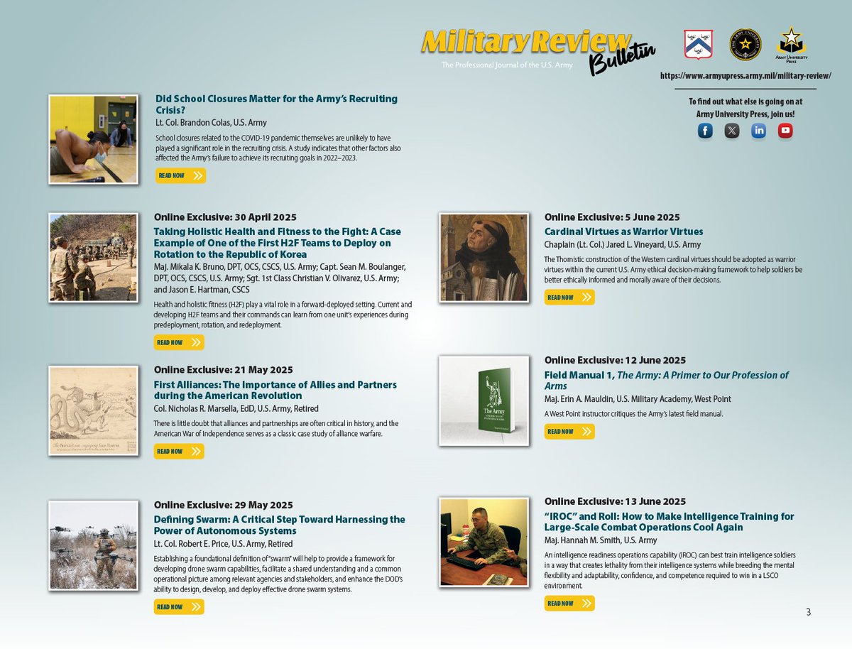 ArmyUniversity's tweet image. The Military Review Bulletin is just the beginning – the July – August Military Review is now LIVE!
Check out these titles and others: armyupress.army.mil/Journals/Milit…
#EducatetoWin #StewardtheProfession