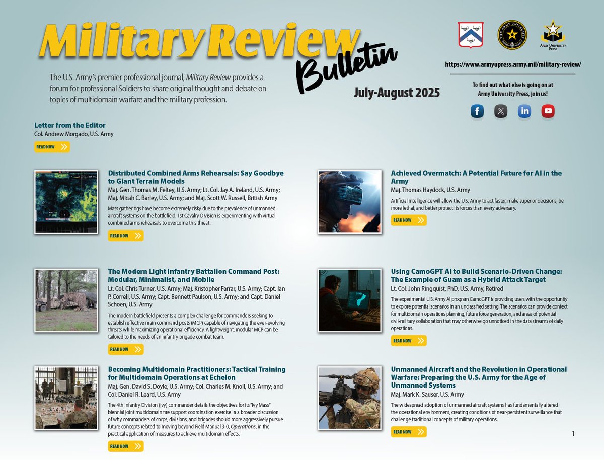 ArmyUniversity's tweet image. The Military Review Bulletin is just the beginning – the July – August Military Review is now LIVE!
Check out these titles and others: armyupress.army.mil/Journals/Milit…
#EducatetoWin #StewardtheProfession